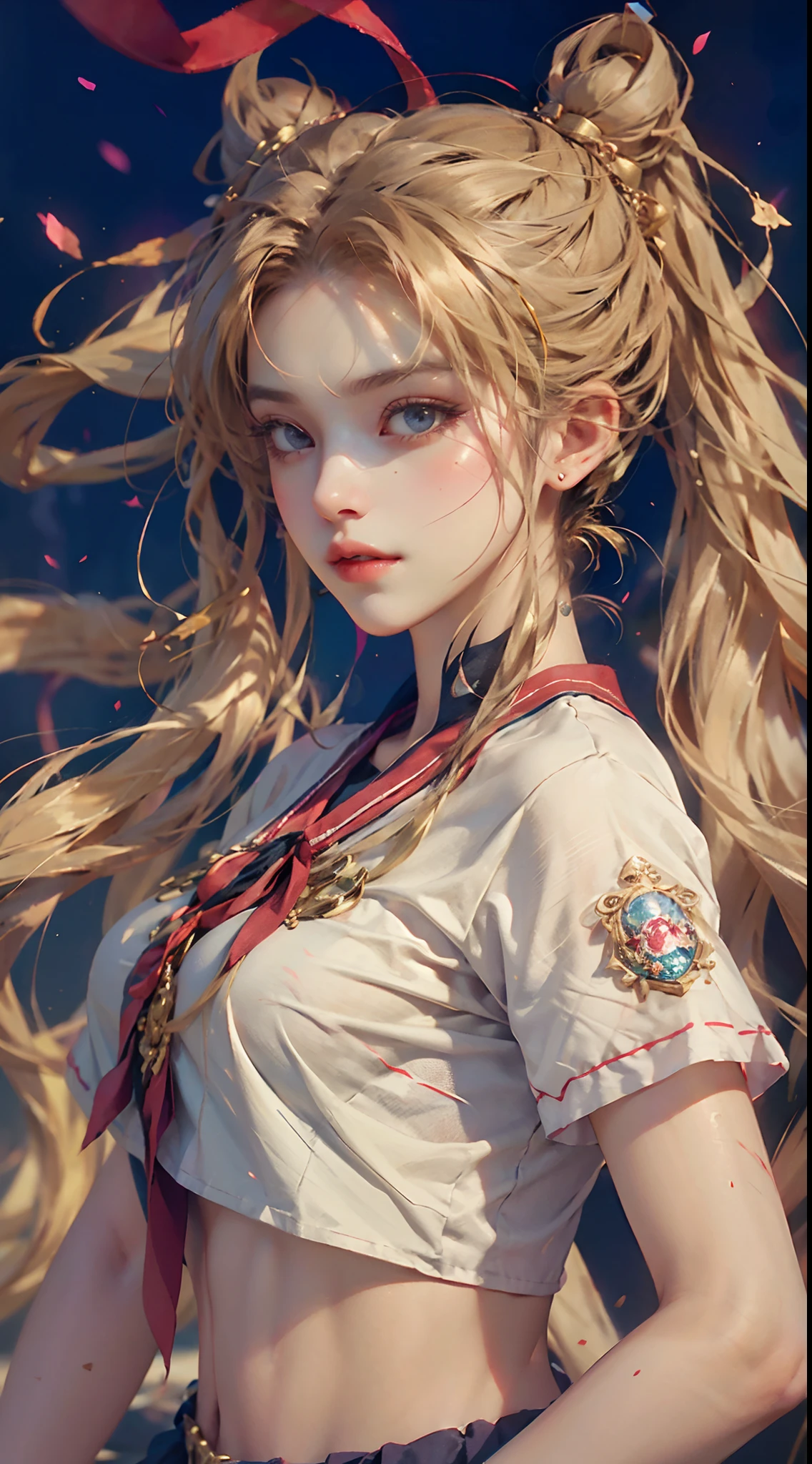 tmasterpiece,top Quority,(realisticlying,realisticlying:1.4),(RAW photos:1.2),Very delicate CG Unity 8K wallpaper,very delicate beautiful,Wonderful,Boxing pose,The attention to detail,offcial art,absurderes,Incredibly Ridiculous res,hugefilesize,Very fine,very refined,Beautiful eyes and face,Beautiful exquisite eyes,light in face,one-girl,pony tails,(pompons)nabel,A half body,PE uniform short sleeve crop top T-shirt, Bare arms, By bangs,