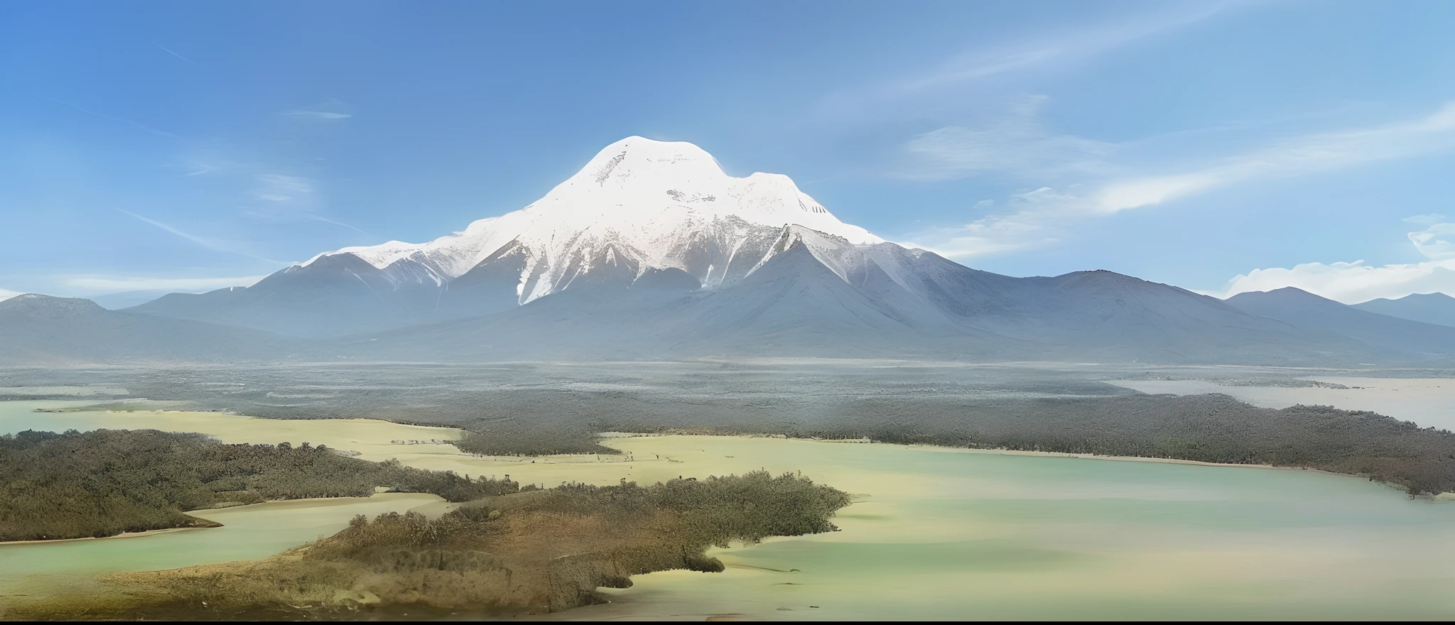 tropical island,Warm season,There are mountain peaks in the distance，The sky flies with civil aircraft
It has a flat design aesthetic and bright colors，Clean interface，Artistic illustration。