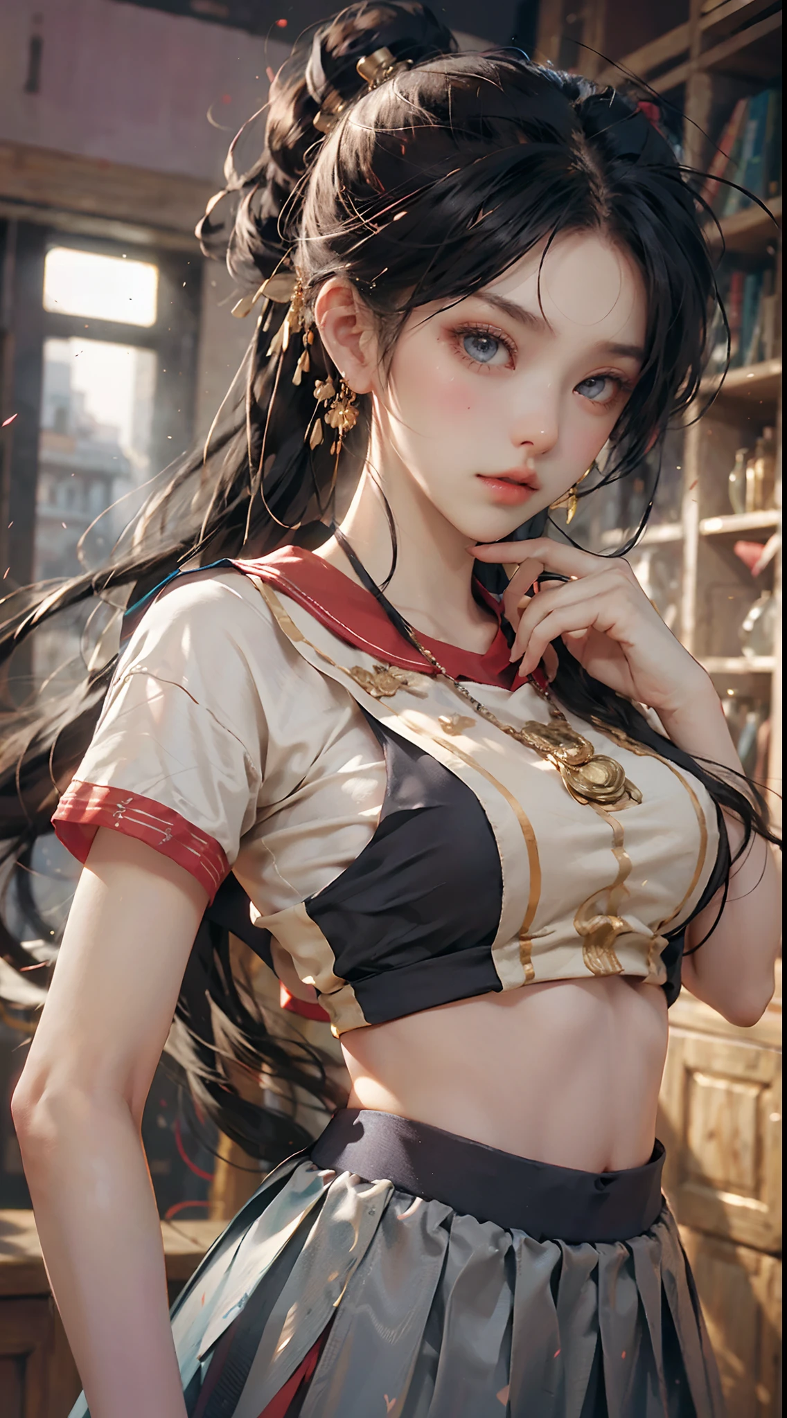 tmasterpiece,top Quority,(realisticlying,realisticlying:1.4),(RAW photos:1.2),Very delicate CG Unity 8K wallpaper,very delicate beautiful,Wonderful,Boxing pose,The attention to detail,offcial art,absurderes,Incredibly Ridiculous res,hugefilesize,Very fine,very refined,Beautiful eyes and face,Beautiful exquisite eyes,light in face,one-girl,pony tails,(pompons)nabel,A half body,PE uniform short sleeve crop top T-shirt, Bare arms, By bangs,