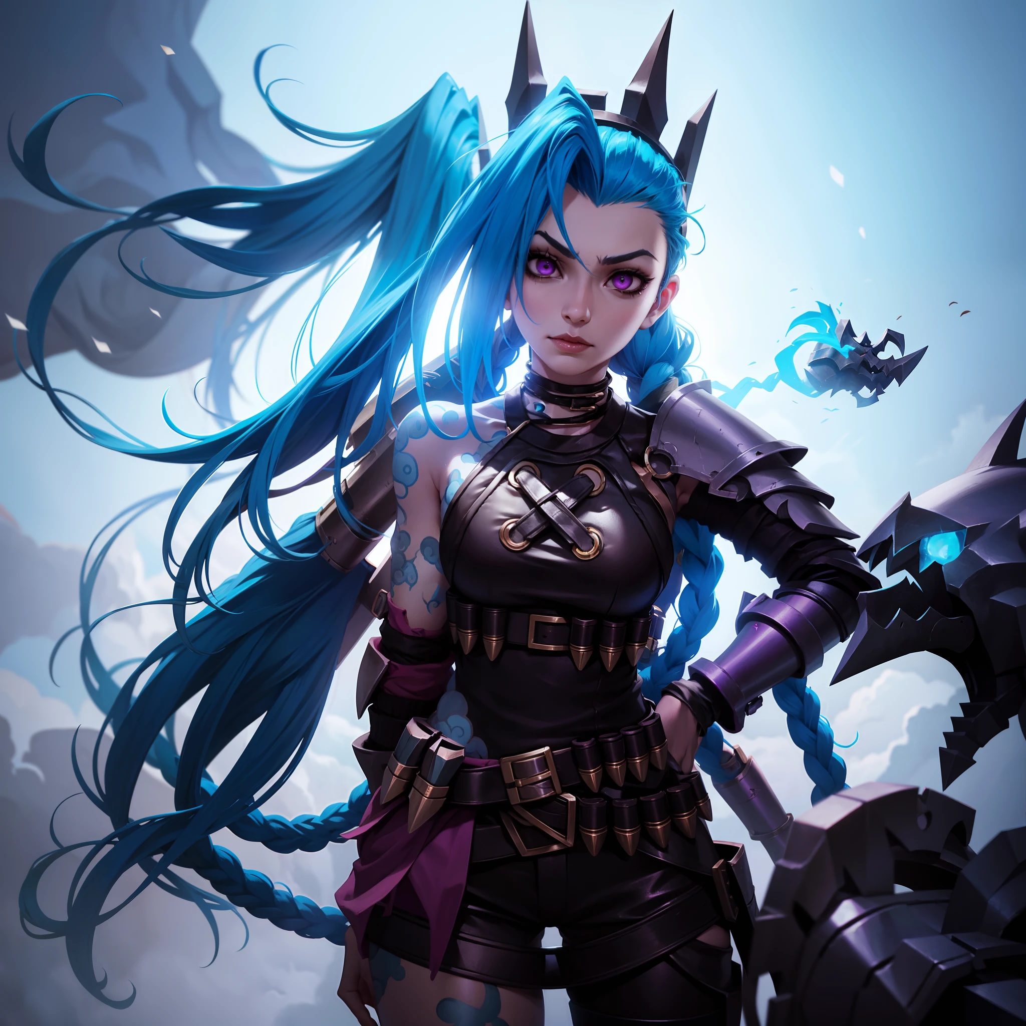 jinx \(league of legends\), 1girl,Pixar style, solo, braid, twin braids, long hair, Surprised Eyes,tattoo, piercing, belt, jewelry, earrings, (Eyes wide open:0.9),looking at viewer, arm tattoo, (Background of medieval castles:1.1), blue hair, blush, smile, v arms, choker, crop top, small breasts, green hair, shoulder tattoo, teeth, open mouth, alternate costume, midriff, pants, blue eyes,