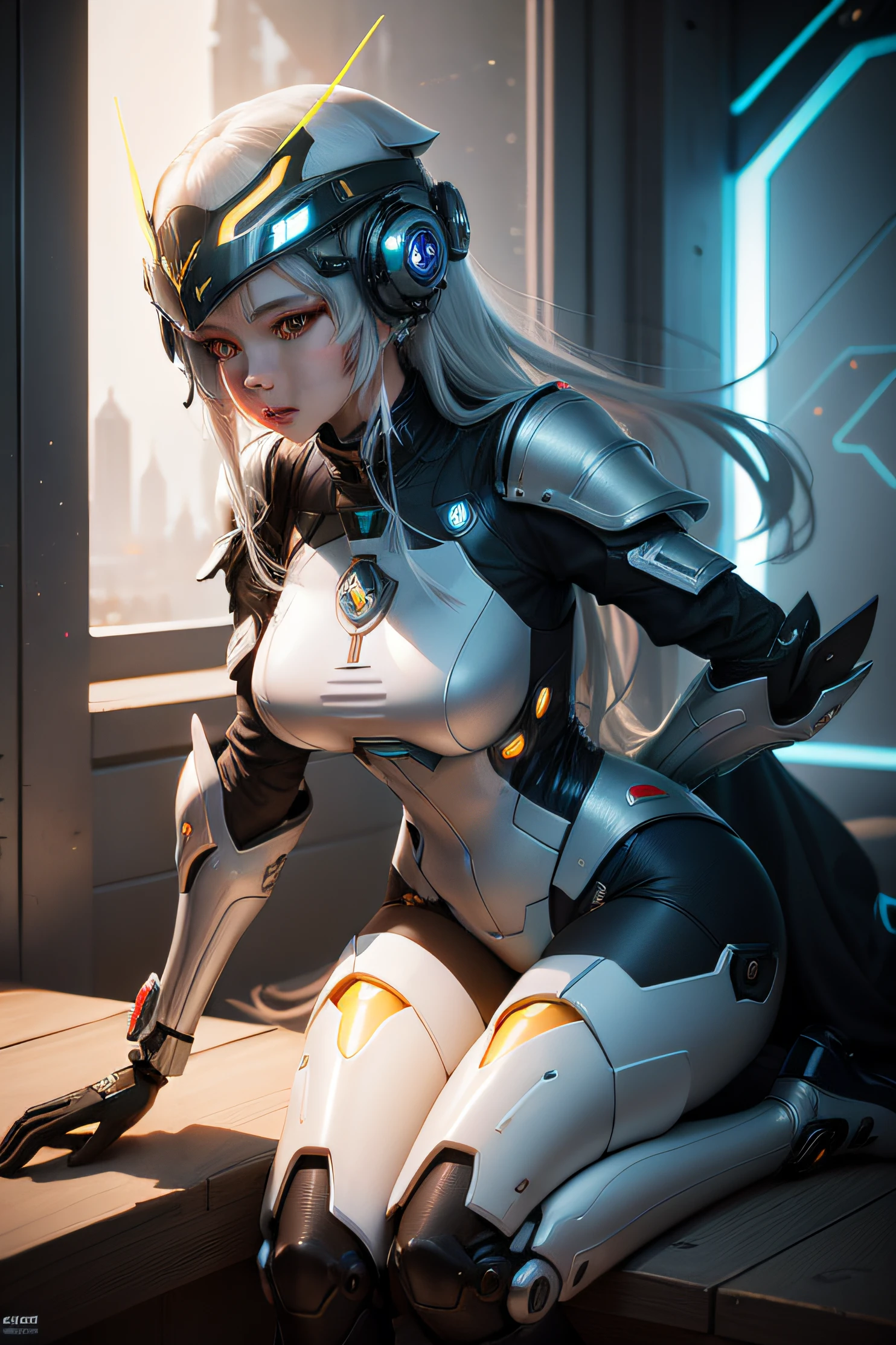 Woman in a futuristic suit standing in a futuristic city, Girl wearing mecha cyber armor, (Mechanized Valkyrie Girl), (Beautiful cyborg angel girl), Cyberpunk Girl Mecha, Unreal Engine Rendering + goddess, Cyberpunk Girl, Beautiful Caucasian girl cyborg、Medium chest、smile、(lying on belly)