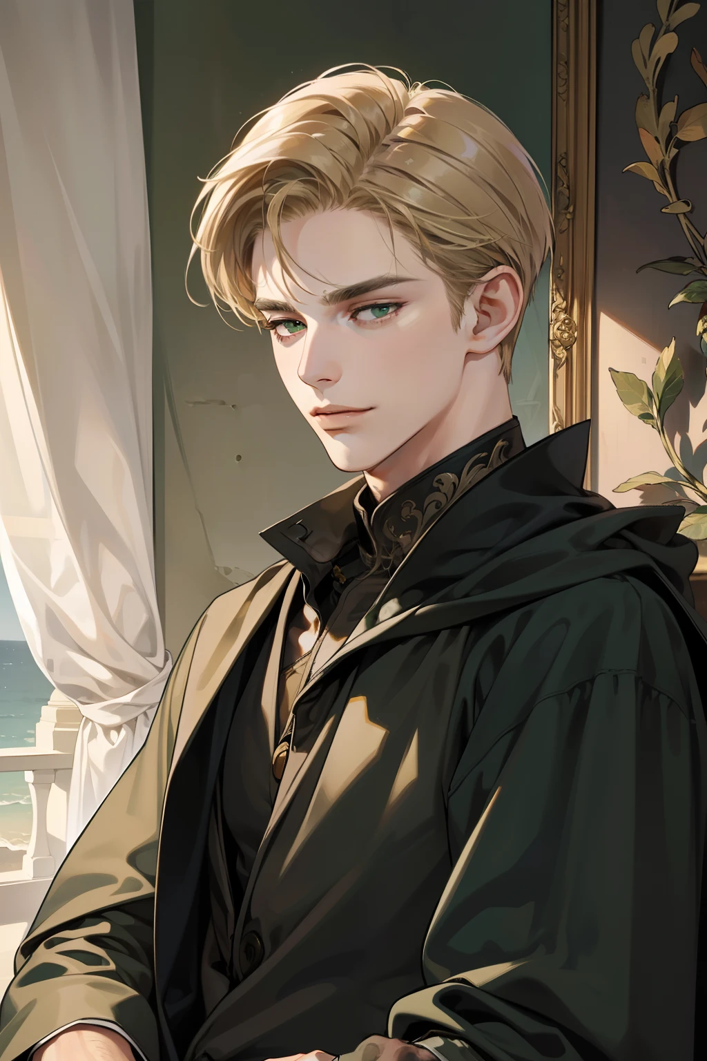 masterpiece, best quality, realistic, 1man, mature male, quiet and charming young man, 18 years old, close his eyes, smirk, closed mouth, extremely detailed face, a little distant, ((dark green eyes)), ((short-side-swept sandy blonde hair)), [thick eyebrows], wizard, full body, (in dark cloth)