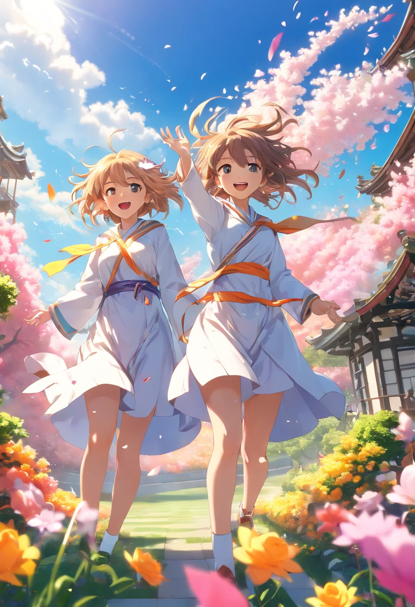 ((The garden is littered with a large number of petals:1.5))，(A gust of wind blew around the two girls，One hand raised to the sky:1.63)，Magic beyond imagination，innocent smiles，Maiden of the Wind，(Huge petal tornado around the girl:1.61)，Seven colors,(1girl in)，(Cute smile)，(The clothes are intricate magic robes，white base:1.4)，(Many light particles swirl around the girl) ，(Best Impact:1.5)， (Maximalism:1.7),，Vivid Contrast， (Realistic),，hyper-realistic illustration,，A high resolution,，ultra - detailed,，absurderes，(Fractal art:1.3)，Braided hairstyle，Gradient Long Hair，full body shot of，Photograph the sky from your feet，Precise focus，randome pose，cinema4d