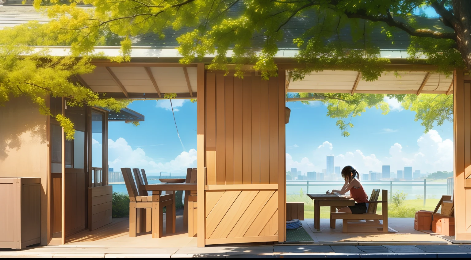 An image conveys the scene of intense summer heat persisting in September, defying the transition of seasons. People are seen seeking refuge from the heat, finding solace in shaded areas. The air shimmers with the heat, distorting the view of buildings and roads. The sunlight is glaring and casts short, sharp shadows, making the surroundings appear almost surreal. Despite the calendar indicating a change in season, the image captures the lingering essence of summer's scorching atmosphere. Real photo, 8k.