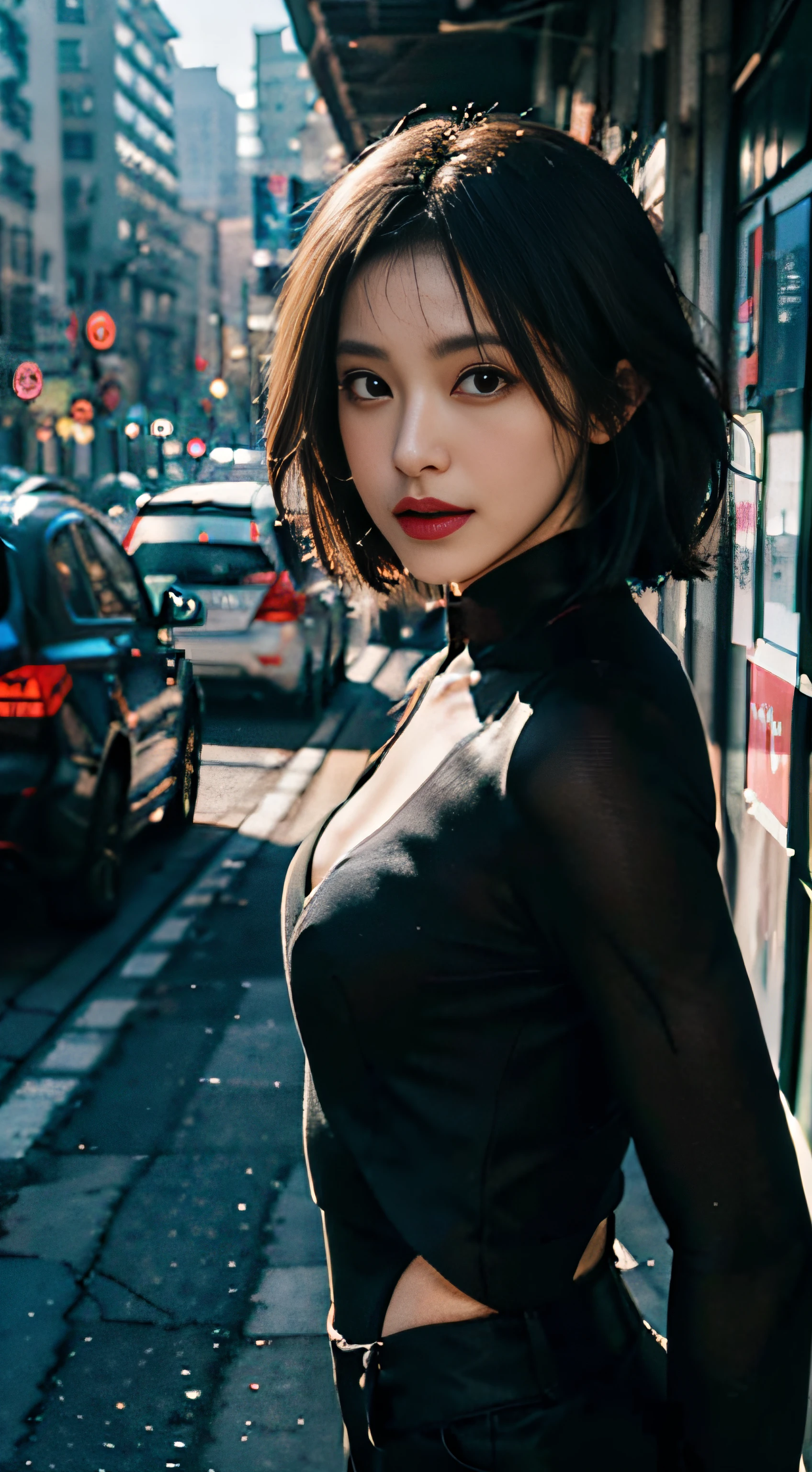 (8k, RAW photo, best quality, mastery:1.2), (realistic, photo-realistic:1.37),(Kpop idol), (aegyo sal:1),cute,professional lighting, photon mapping, radiosity, physically-based rendering , cosplay, lucy \(cyberpunk\), bob cut, mechanical parts, grey eyes, black tight suit, cyberpunk city, black pants, night, neon lights, sexy, smoke, looking at viewer,, 8k 高分辨率, 8k, CG壁纸, 现实, 清晰的背景, 中等乳房, 全身