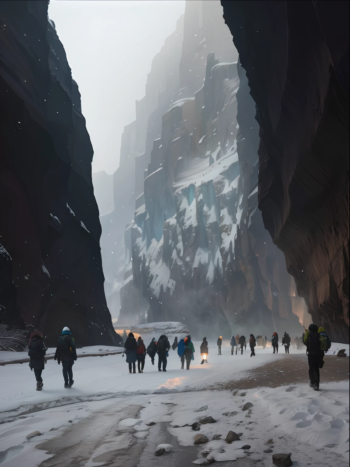 People walk through snow-capped canyons，The background is a mountain, sheer cliffs surround the scene, inside an enormous vast cave, cinematic ligh《befall》Still, 8 k movie still, 8 k matte painting, 8k matte painting, 4 k movie still, 4k movie still, 8 k hdr movie still, 8k hdr movie still, inside a gorge