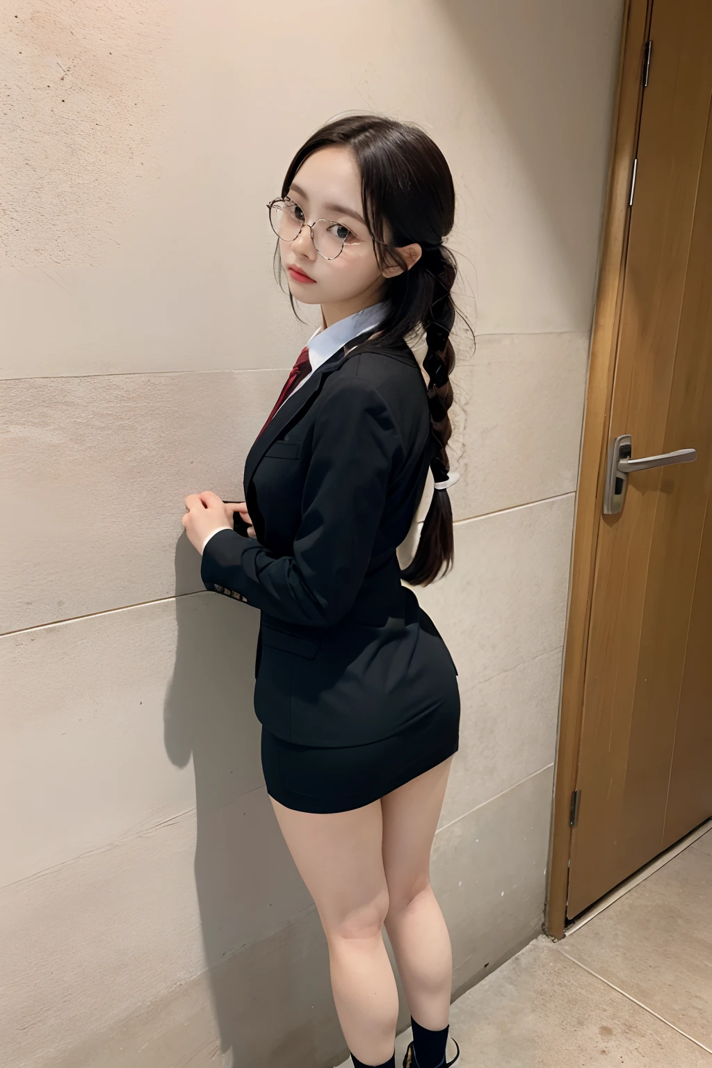 masterpiece,best quality,masterpiece,best quality,official art,extremely detailed CG unity 8k wallpaper,ass_visible_through_thighs,game_cg,cosplay,realistic,photo,real,highres,girl,solo,bishoujo,ojousama,adorable girl,doll,student,maid,long braid,single braid,black hair,long hair,looking to the side,{expressionless},{expressionless eyes},wide eyed,black eyes,medium breasts,school uniform,business_suit,bikini under clothes,bare legs,bobby socks,bandaid on leg,leg belt,no legwear,shoes,boots,mary_janes,uwabaki,cross-laced_footwear,glasses,chains,smartphone,school bag,looking down,head tilt,against wall,yokozuwari,🔞