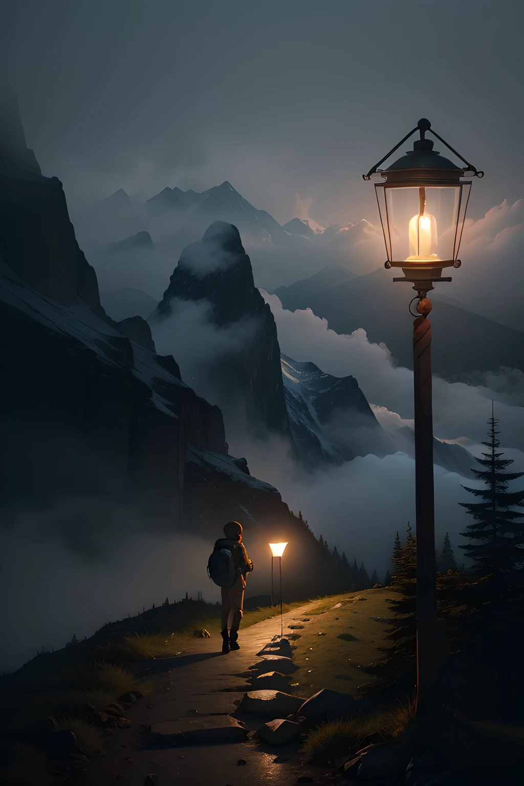 A photograph, taken with a 50mm lens, captures a hiker on a misty mountain trail. They beckon to a distant guide with a lantern, conveying the message, "Lead me the way because I lost my way here." The cool, mystical atmosphere pervades