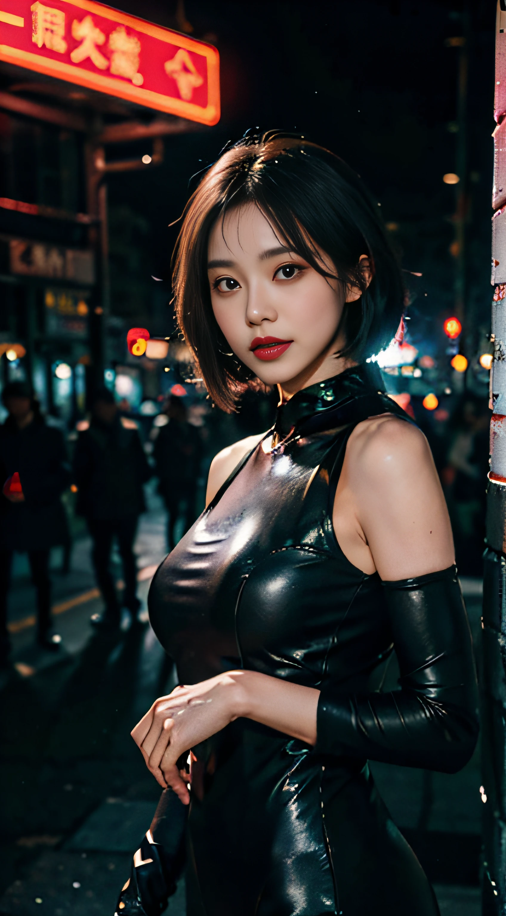 (8k, RAW photo, best quality, mastery:1.2), (realistic, photo-realistic:1.37),(Kpop idol), (aegyo sal:1),cute,professional lighting, photon mapping, radiosity, physically-based rendering , cosplay, lucy \(cyberpunk\), bob cut, mechanical parts, grey eyes, black tight suit, cyberpunk city, black pants, night, neon lights, sexy, smoke, looking at viewer,, 8k 高分辨率, 8k, CG壁纸, 现实, 清晰的背景, 中等乳房, 全身