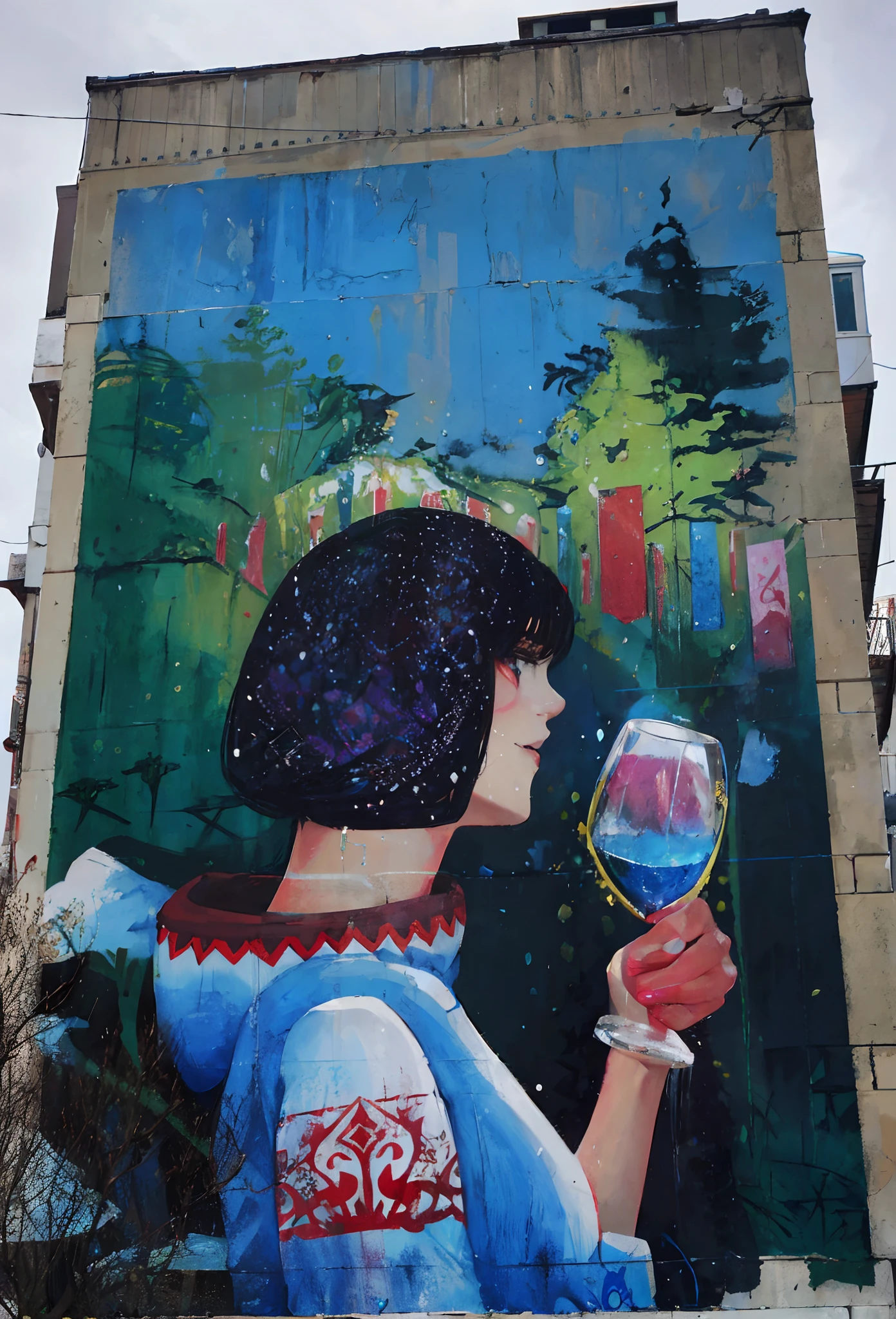 mural of a woman holding a glass of wine in front of a building, by Craola, streetart, painted on a giant wall, by Ladrönn, street art:2, mural art, by Naza, street art, by Muqi, by Muggur, urban art, by Kamagurka, street art 8k, dital painting, HD, HQ, UHD