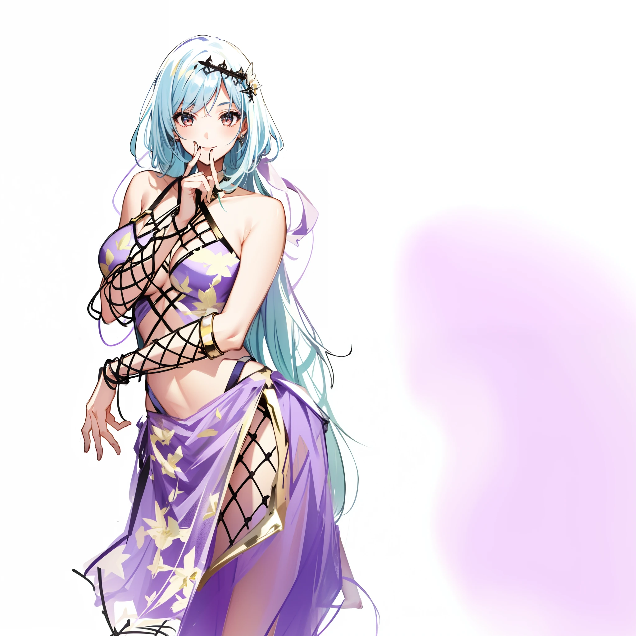 1girl, bare shoulders, birdcage, breasts, cage, dress, finger to mouth, fishnet bodysuit, fishnet gloves, fishnet legwear, fishnets, gradient, hand fan, harp, lamia, long hair, looking at viewer, racket, smile, solo, spider web print, tennis racket
