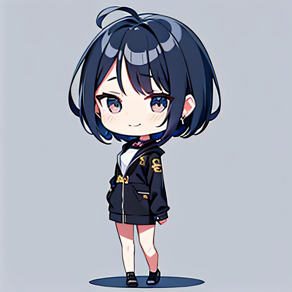 超A high resolution, Best-aesthetic, High-quality depiction of feet, Put on a jacket, The back has black and blue hair, Flat avatar, Anime visuals of cute girls, lovely art style, tchibi, Shorthair, ahoge, is shy, A smile, hair adornments,Drawing on paper, simple background, 耳Nipple Ring, jewely, side locks, Large oval eyes