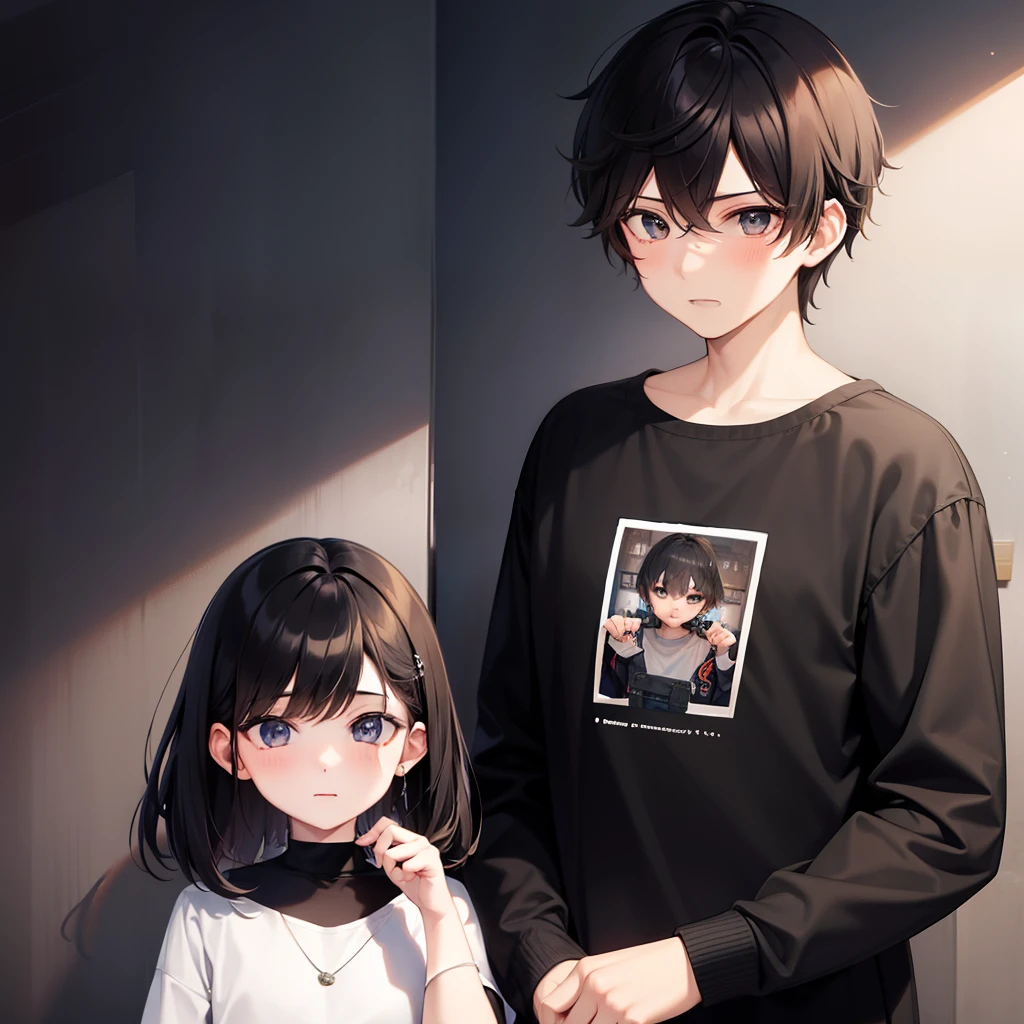 [Gender= "Boy & Girl"] 
[Age= 5 ]
[Boy's Appearance= "Short hair", "Black eyes", "Black hair"] 
[Boy's Clothes= "All black", "Casual Attire"] 
[Boy's Expression= "Poker face"] 
[Girl's Appearance= "Long hair", "Brown eyes", "Brown hair"] 
[Girl's Clothes= "Light clothes", "Casual Attire"] 
[Girl's Expression= "Happy"] 
[Note: They are siblings & Twin but they have different hair & eye color]