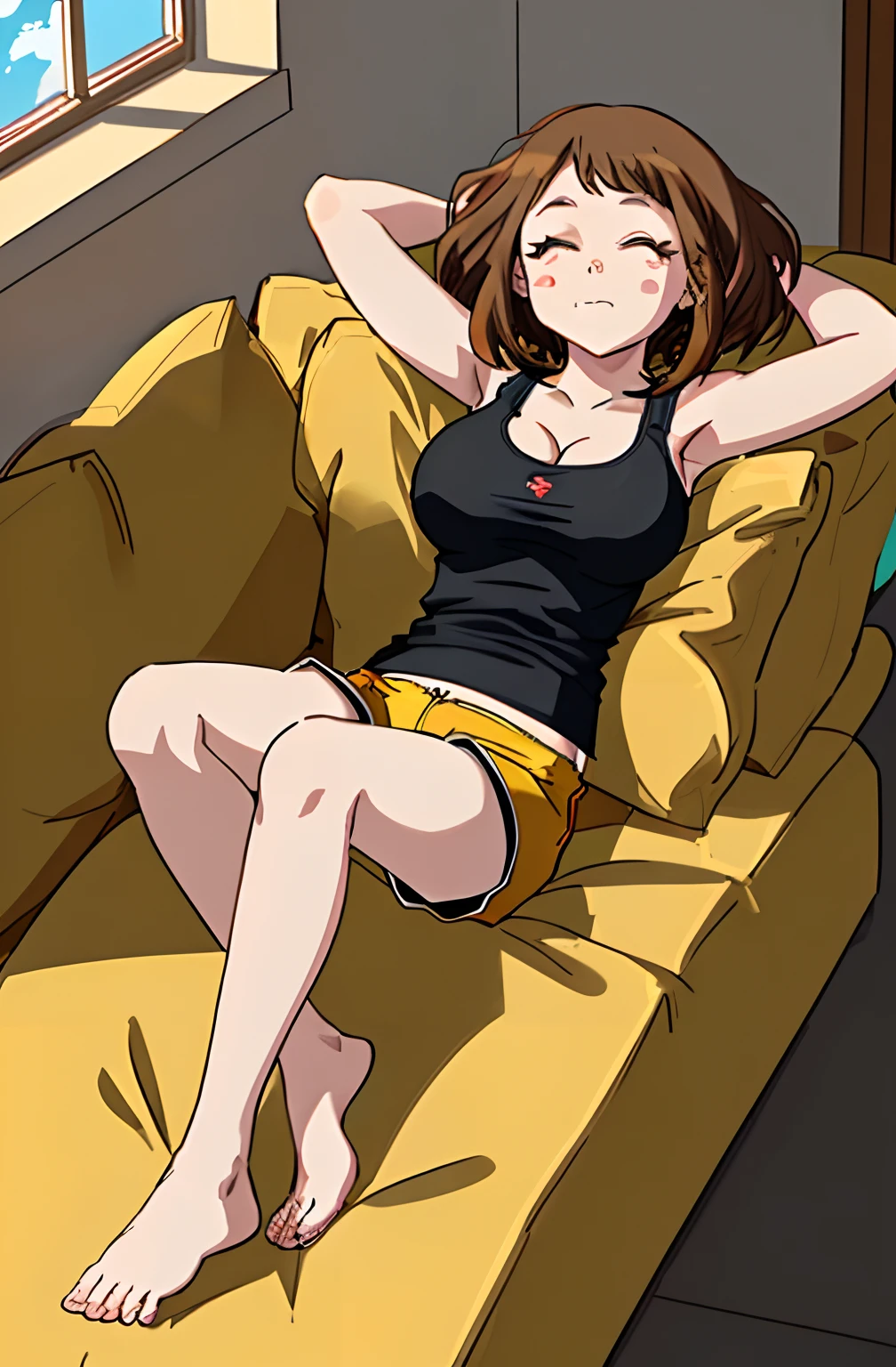 [ochako uraraka; Boku no hero academia], ((masterpiece)), ((high quality art)), ((solo portrait)), ((full body)), ((bird's-eye view)), ((cute)), ((feet visible)), ((High definition)), ((anime)), ((Kohei Horikoshi)), ((detailed shading)), ((intricate details)), {ochako; (blushy cheeks, long eyelashes, (eyes closed), (drool on mouth), short brown hair, short eyelashes, large boobs, (cleavage), (beautiful legs)}, {(black tank top), (yellow lounge shorts)}, {(expressionless)}], {(on couch), (head on pillow), (sleeping)}, [Background; (living room), (window), sunny, (blue sky)]