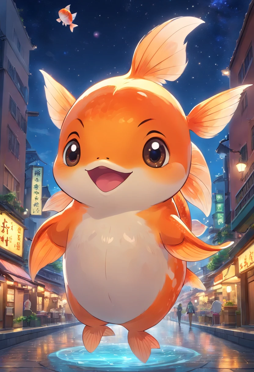 Stars shine,Colorful,Huge goldfish float over the city,Cute and cute,KIDS ILLUSTRATION,Glow effects,Dingdall effect,depth of fields,high light,Real light,Ray traching,oc rendered,Hyper-realistic,best qualtiy,8K,Works of masters,super-fine,Detailed pubic hair,Correct anatomy,sharp focus on eyes,Bokeh,Facial features are carefully depicted