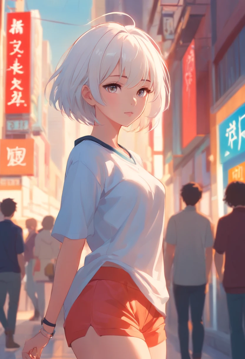 [by Artgerm and WLOP and Ilya Kuvshinov and RHADS and Loish and Rossdraws] beautiful young woman in tight clothes, rusian short white hair