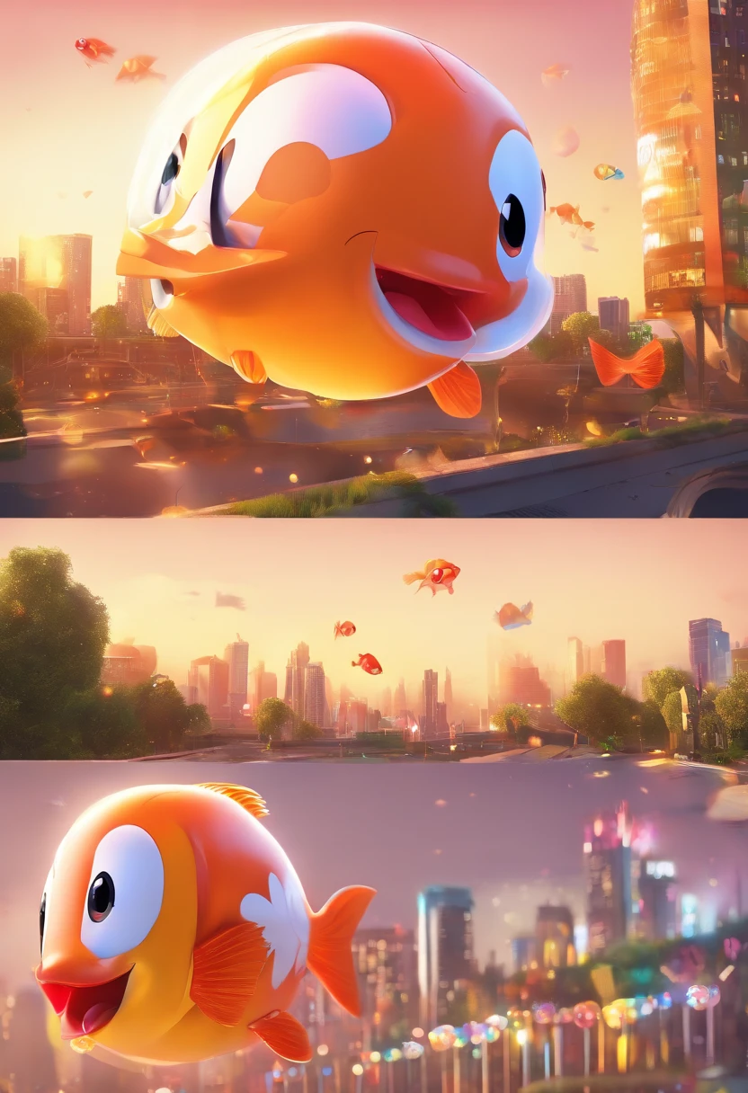 Stars shine,Colorful,Huge goldfish float over the city,Cute and cute,KIDS ILLUSTRATION,Glow effects,Dingdall effect,depth of fields,high light,Real light,Ray traching,oc rendered,Hyper-realistic,best qualtiy,8K,Works of masters,super-fine,Detailed pubic hair,Correct anatomy,sharp focus on eyes,Bokeh,Facial features are carefully depicted