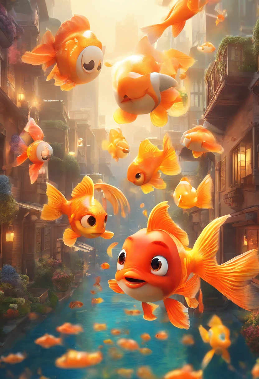 Stars shine,Colorful,Huge goldfish float over the city,Cute and cute,KIDS ILLUSTRATION,Glow effects,Dingdall effect,depth of fields,high light,Real light,Ray traching,oc rendered,Hyper-realistic,best qualtiy,8K,Works of masters,super-fine,Detailed pubic hair,Correct anatomy,sharp focus on eyes,Bokeh,Facial features are carefully depicted