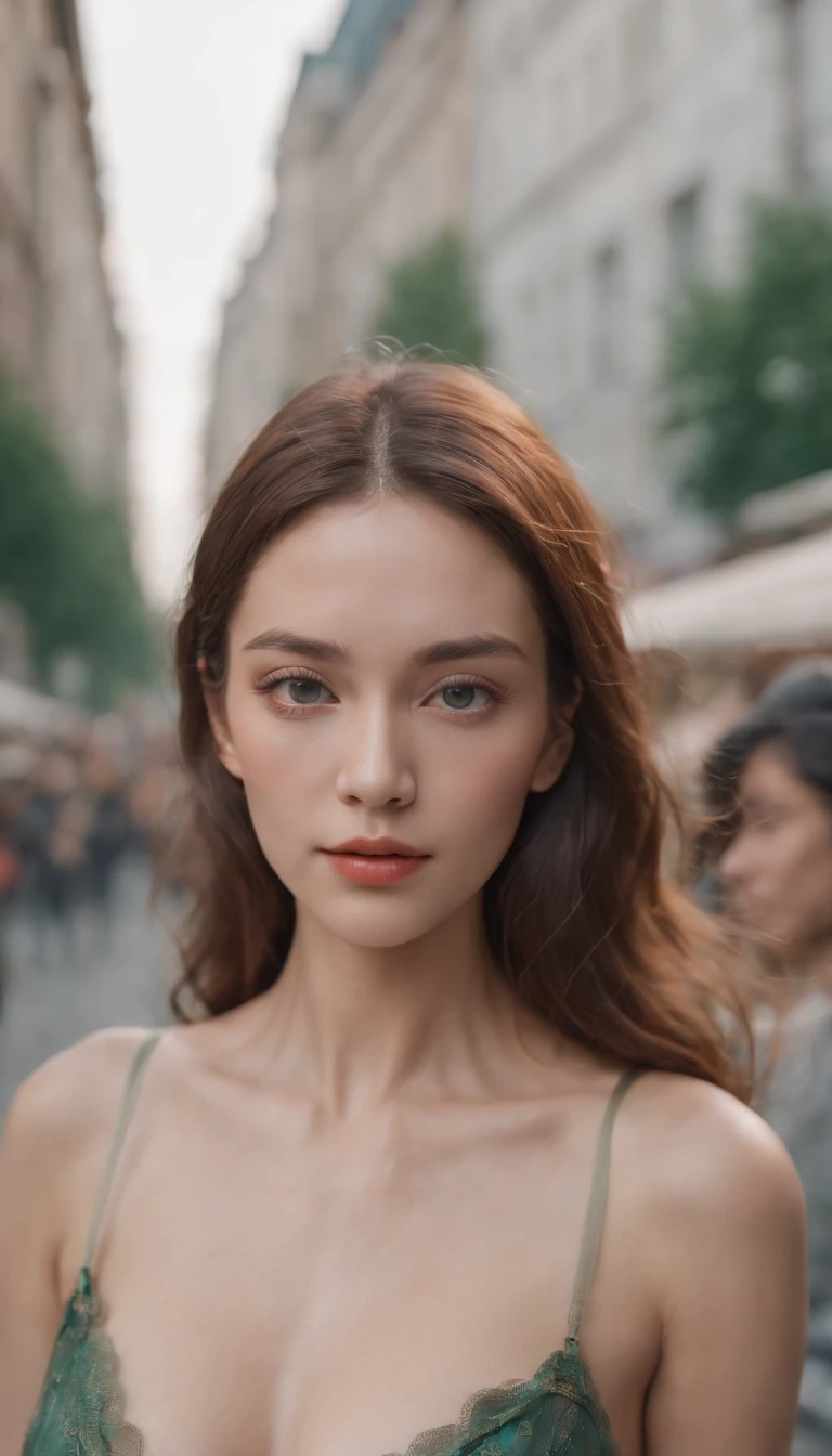 offcial art, Unity 8k wallpaper, ultra - detailed, Beautiful and aesthetic, Beautiful, tmasterpiece, best qualityer, .primitive, super thin photo, 超高分辨率, Fotorrealista, rays of sunshine, full-body portraits, unbelievable beautiful, dynamicposes, delicated face, Vibrant eyes, (the sideview), There are people in town wearing strange futuristic masks,Wear luxurious vintage fashion outfits,Men and women wearing alien makeup and old accessories,With mechanical pets, wes anderson(wes anderson)Science fiction films of the 1960s, pastels colors, Rosa, Blue and green, Natural soft light, psychedelia, Strange futurist, foco nítido, intrinsic, Fujifilm 55mm film, highly detailed, Detal Face, Occupy a detailed complex background, Messy, big breasts beautiful, milkyW, highly detailedskin, Realistic details of skin, Visible pores, foco nítido, volume fog, 8K UHD, SLR camera, high high quality, Particles for movie cameras, rendering, DL, Expand the metropolis in a retro-futuristic dystopia, look from down, semi transparent