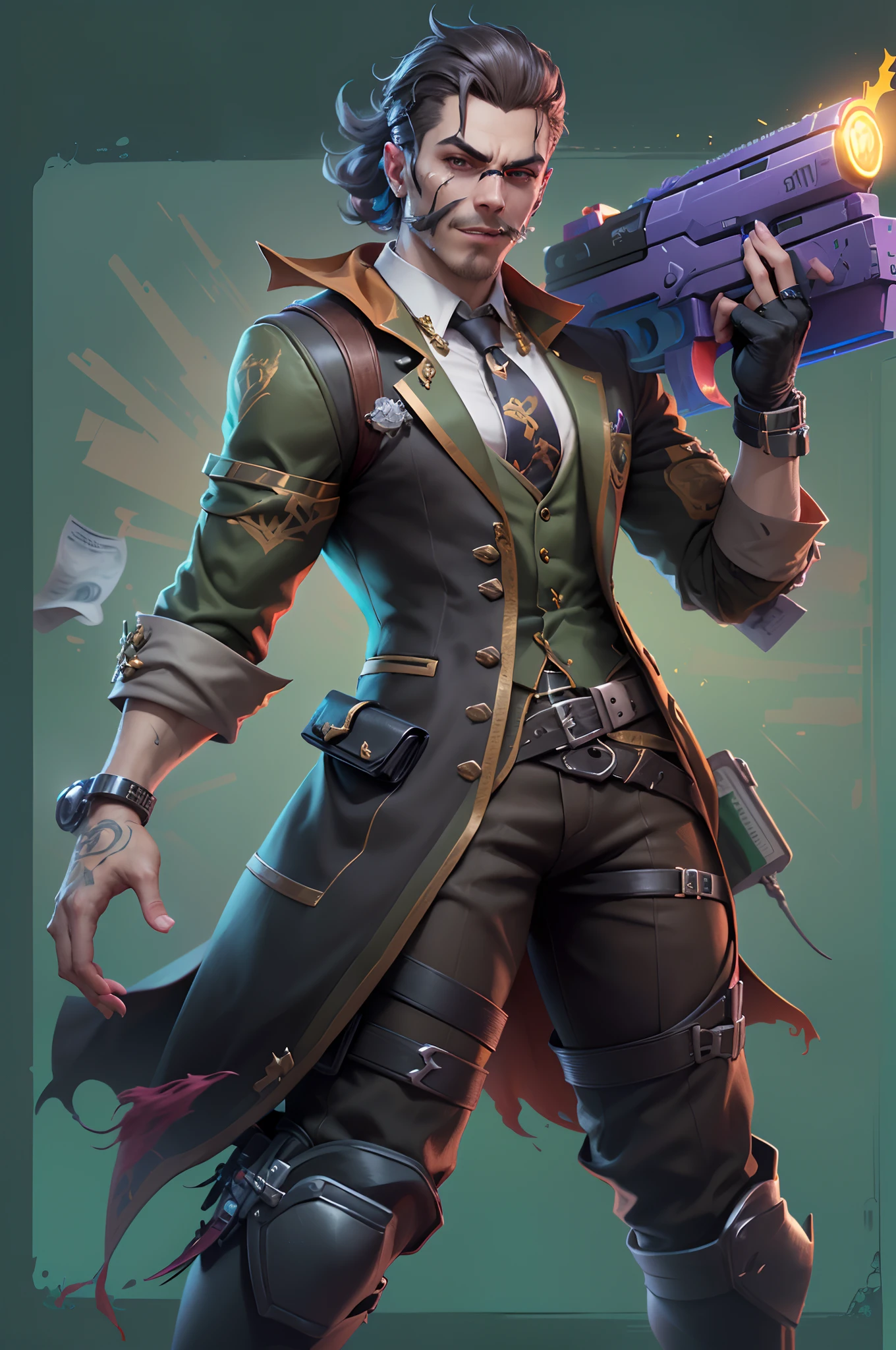 Fortnite game character art style，Gender male，Wear a neat suit，With an expensive gold watch，Hair is neatly combed，With a pair of black sunglasses，Leaking an evil smile，Hold a diamond-encrusted crutch in your left hand，In his right hand he holds a large number of banknotes，The character is extremely confident and ruthless，Think of debt as a means of controlling others