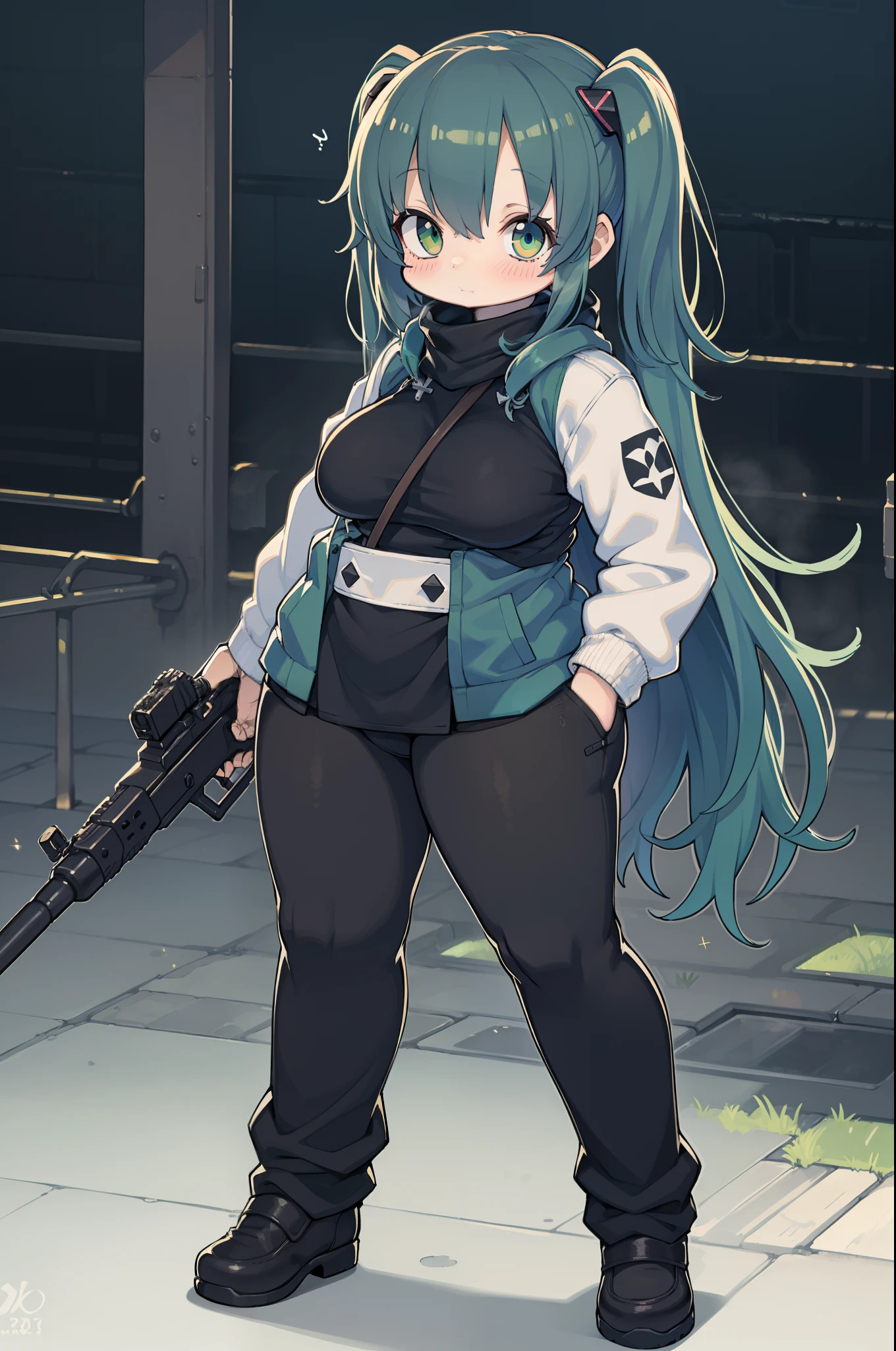 Huge anti-tank rifle、Long sideburns、Anime-style girl with beautiful whole body, Little Girl,clean detailed faces, ciber,analogous colors, Glowing shadows, beautiful gradients, depth of fields, CLEAN IMAGE, High quality,Black Parker Closing、 high detailing, High Definition, blush, Fit, Heavenly Beauty, Very detailed, Soft lighting, Full body,Green&Black hair,Green eyes、