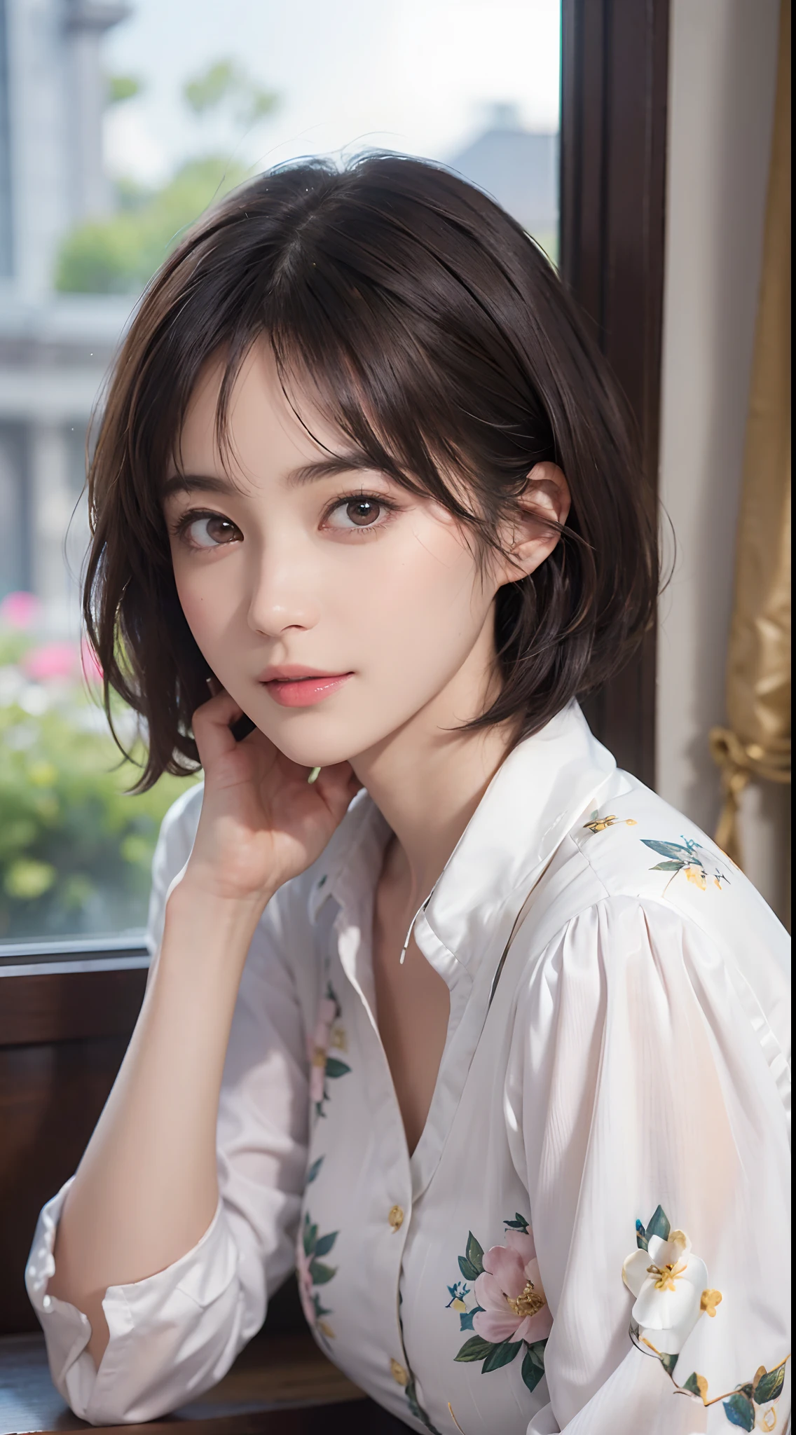 (masutepiece:1.3), (8K picture quality), Photorealsitic, Raw photo,  (Best Quality: 1.4), (1womanl), Pretty Face, (Realistic face), (A dark-haired, Short hair:1.3), Beautiful hairstyle, Realistic eyes, Detailed fine eyes, (Realistic skin), Beautiful skin, ((boobgasm)), Absurd, Attractive, Ultra-high definition resolution, the golden ratio, Very detailed, depth of fields, By the window of the café, A slight smil, Floral clothing