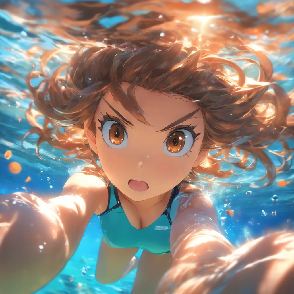 foreshortening, Depth of field, Masterpiece, Best quality, 1girll, Brown hair, Brown eyes, Long hair, Underwater, airbubble, Solo, view the viewer, School swim wear, Swimming, Dappled sunlight,