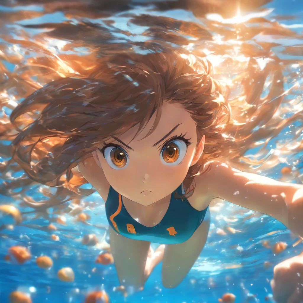 foreshortening, Depth of field, Masterpiece, Best quality, 1girll, Brown hair, Brown eyes, Long hair, Underwater, airbubble, Solo, view the viewer, School swim wear, Swimming, Dappled sunlight,