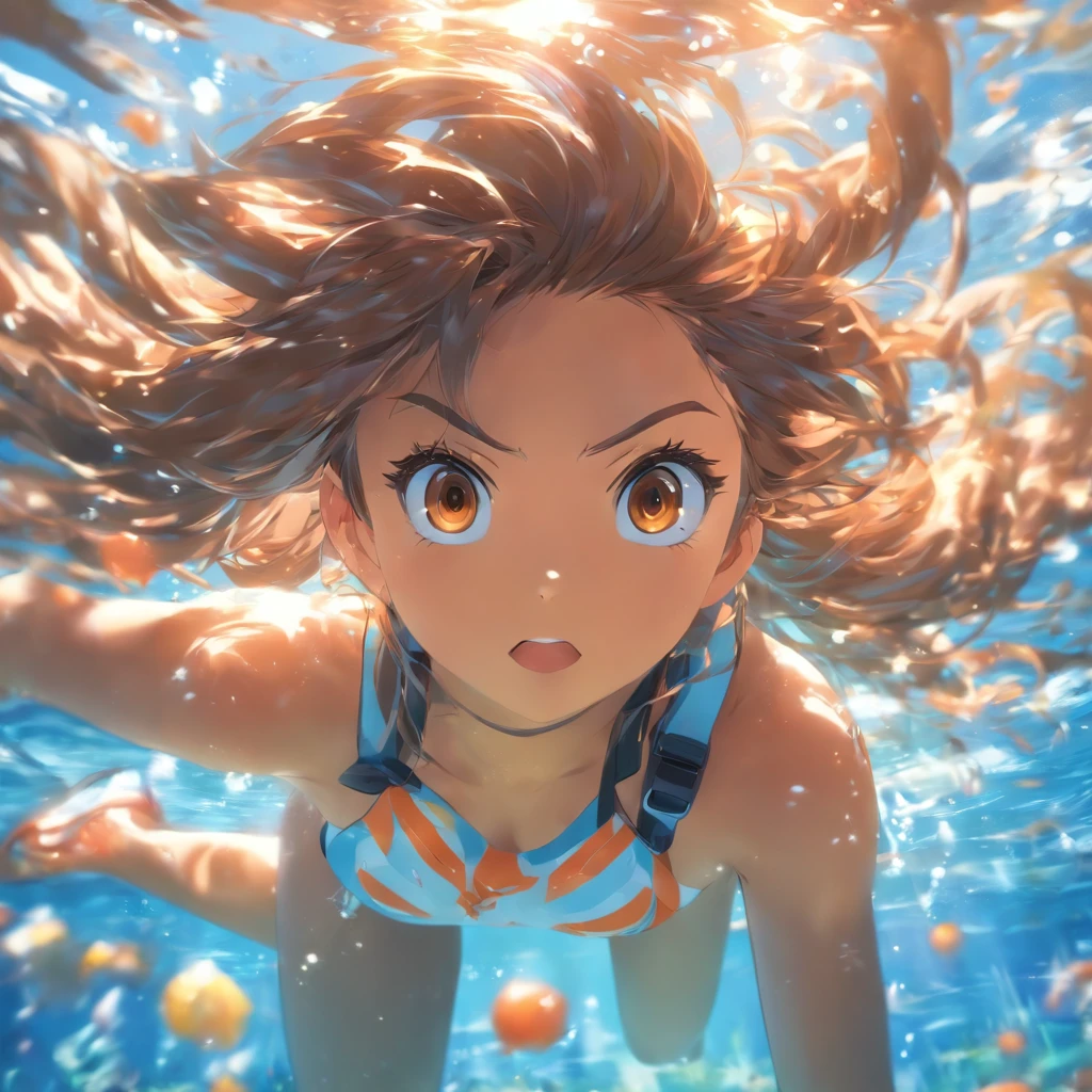 foreshortening, Depth of field, Masterpiece, Best quality, 1girll, Brown hair, Brown eyes, Long hair, Underwater, airbubble, Solo, view the viewer, School swim wear, Swimming, Dappled sunlight,