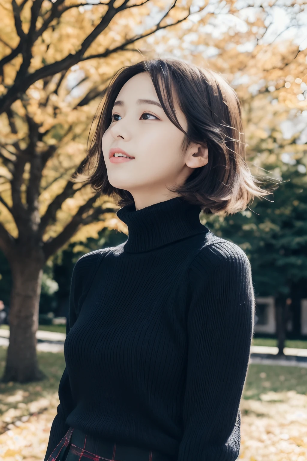 Medium (shoulder-length:1.2) up hair, (masutepiece:1.1),(Best Quality), (Raw photo), (Beautiful 14 year old Japan girl), (Cute face),
(hitornfreckles:0.6), Cute lips,
Dynamic lighting, (From below),
Provocative,
Happy,
In the park,
(Black turtleneck sweater and checked mini skirt),