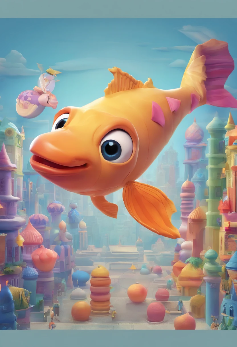 Stars shine，Colorful，Huge goldfish float over the city，Cute and cute，KIDS ILLUSTRATION，Glow effects，Dingdall effect，depth of fields，high light，Real light，Ray traching，oc rendered，Hyper-realistic，best qualtiy，8K，Works of masters，super-fine，Detailed pubic hair，Correct anatomy，sharp focus on eyes，Bokeh，Facial features are carefully depicted