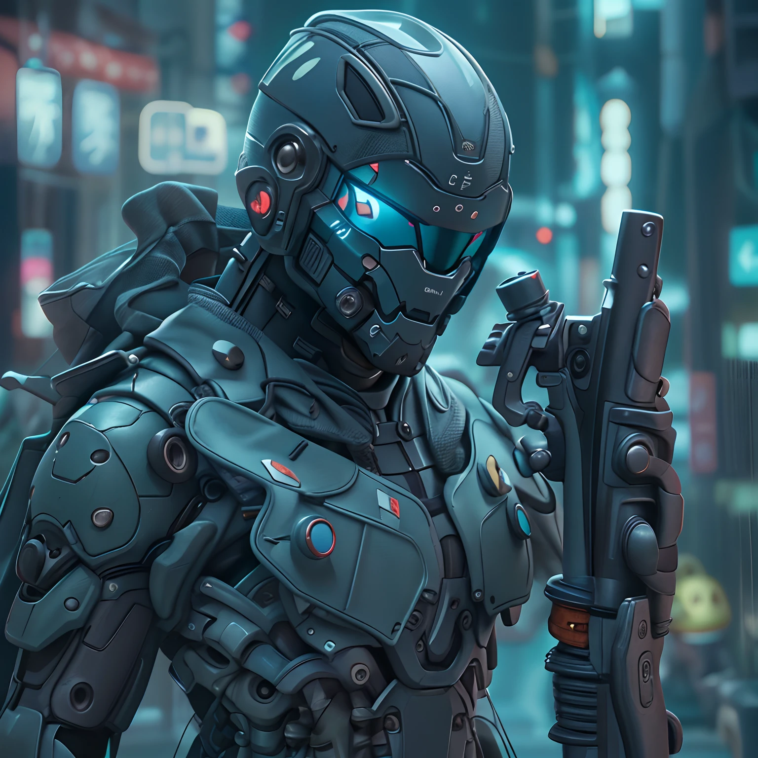 1 persons, Futuristic male military commander，A fantastic one ((Square mesh helmet head with blue light)) and a pair of mechanical feet, Use a pair ((Iron gray gloves)), no shoe, garbed in ((Frog gray suit)), Stand in Cyberpunk City, holding gun, holding gun, rifle, hand gun, Barrett sniper rifle, Wear EP tactics, sface focus, hyper HD, anatomically correcte, Best quality, Master parts, Full body panel