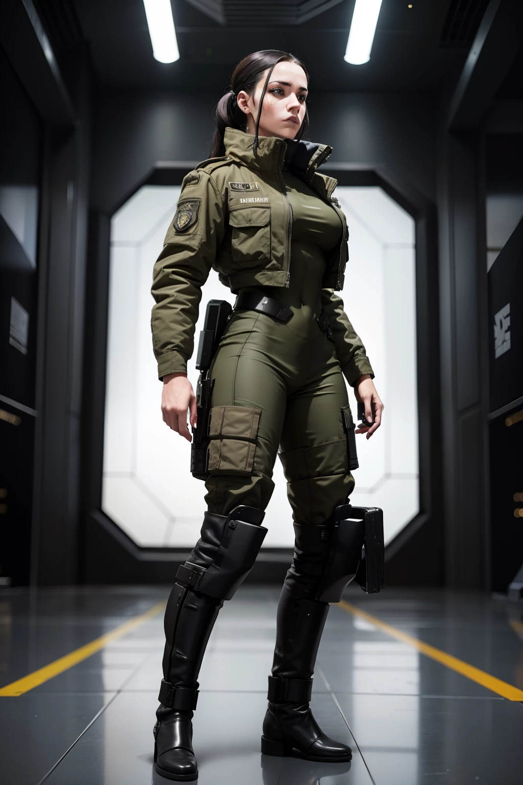 Foto realista, cinematric photo, Cyberpunk mujer militar con uniforme militar, futurista impecable, condecoraciones colgando de su traje, traje a tres piezas de mujer militar, traje entallado, estilo matrix, estilo blade runner, mujer militar en base militar, base militar futurista Cyberpunk, Image from a low angle, retrato de rodilla a cabeza, ambiente con neblina