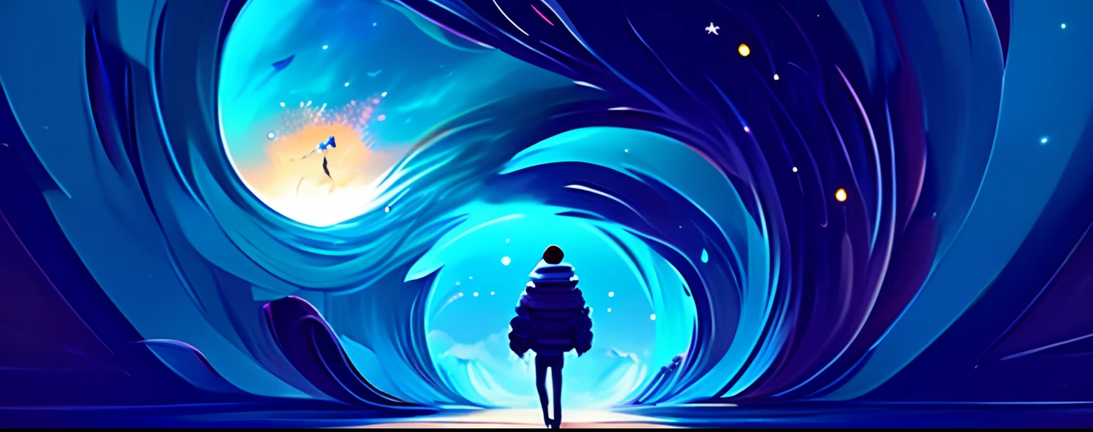 There was a man walking through the blue tunnel, Enter the quantum wormhole, Running on the edge of space, wormhole, gateway to another dimension, portal in space, Inspired by Cyril Rolando, spirits coming out of portal, background artwork, cyril rolando and goro fujita, wormhole, in the style of Cyril Rolando