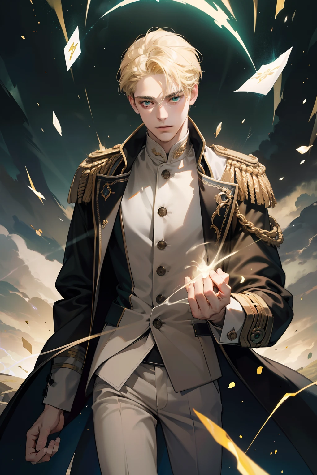 (Absurd, High Resolution), 16k, (Panorama), 18-year-old, 1man, serious, dark green eyes, Open Hands, Short right swept dandy blonde Hair, blonde Hair, Black Coat, White Underwear, Extreme Detail, Lightning, Magic, Magic Array, Exaggerated Light, Shine, Magic, Floating, Dusk, handsome