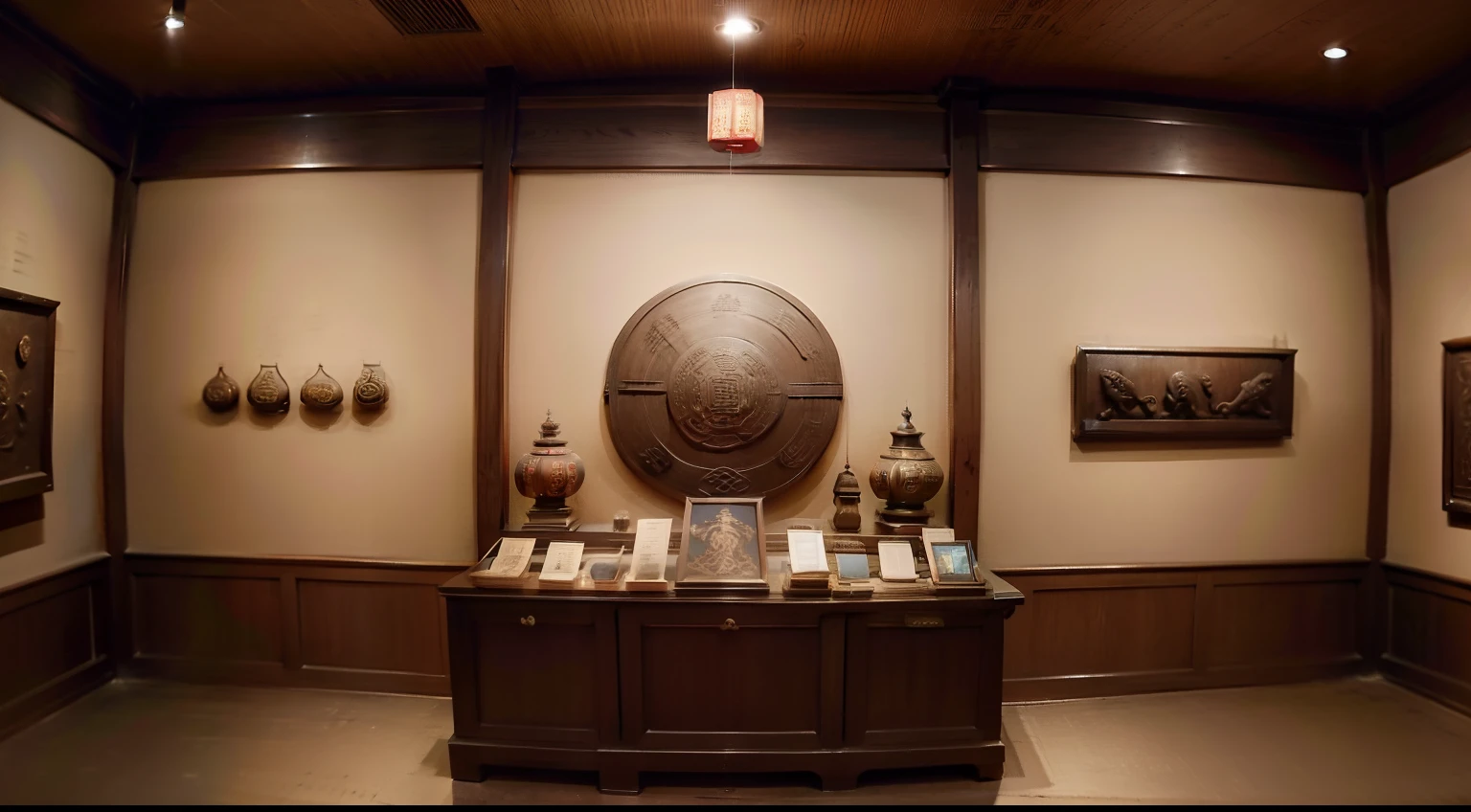 Exhibition hall of the Museum of Ancient Chinese Cultural Relics,The walls are neatly displayed with artifacts,45 degree wide-angle map,high qulity,filigree,4k
