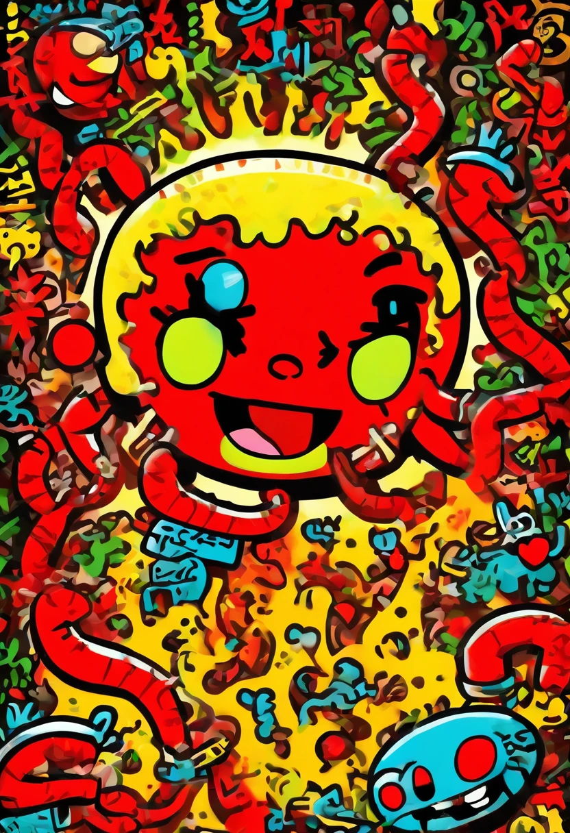 A cartoon character,very simple,cartoony,Q version,black color hair,Chinese outfit,With goji berry accessories,Chinese children's illustration,Chinese herbal medicine,yam,wolfberry,Plain white background,Children's drawing,doodle in the style of Keith Haring, sharpie illustration, bold lines and solid colors, simple details, minimalist