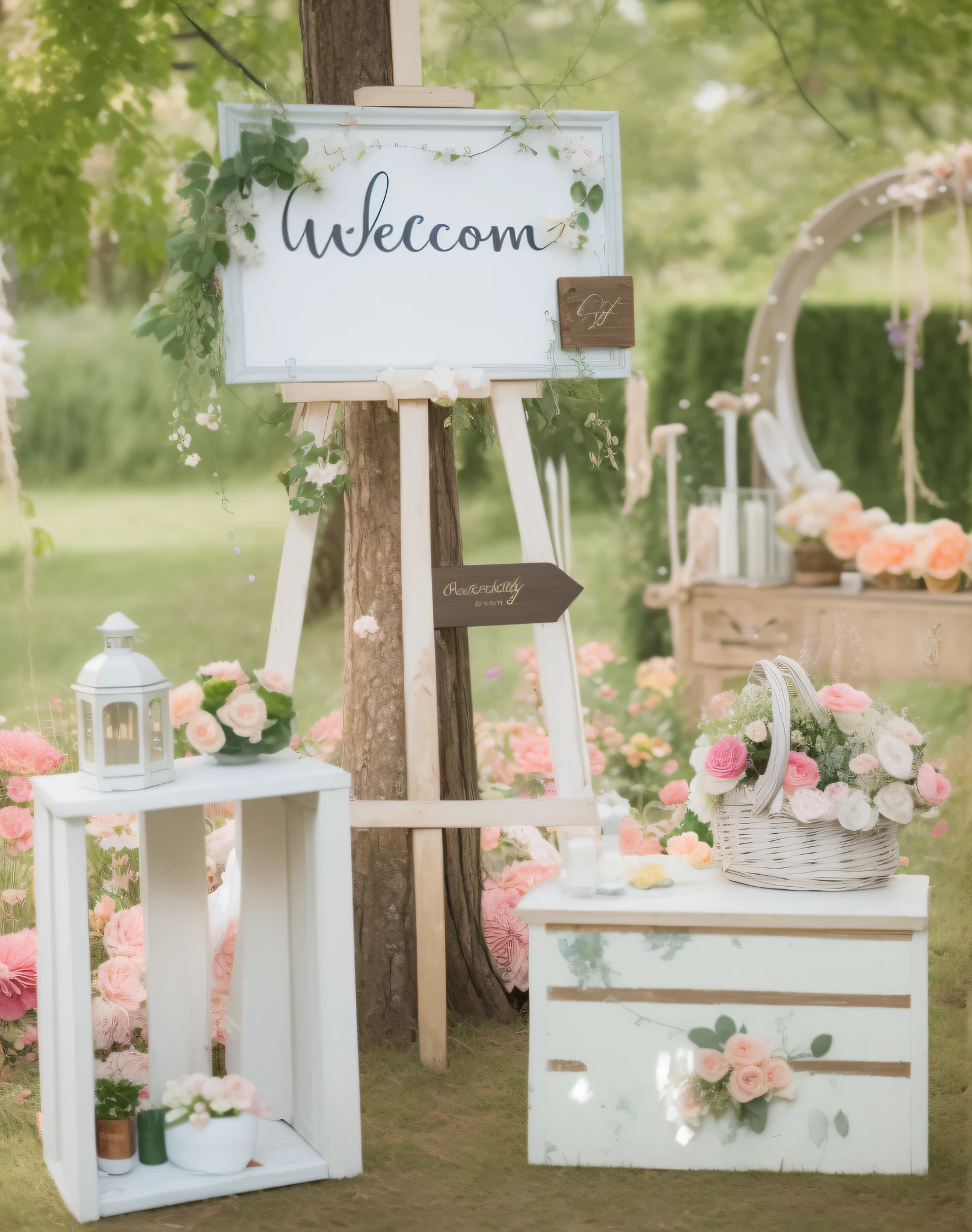 There was a welcome sign and a basket full of flowers, romantic motifs, floral decorations, Ethereal and dreamy theme, Rustic, welcoming, fairy tale setting, Wedding, Rustic setting, romantic setting, 15081959 21121991 01012000 4K, forest theme, Welcome