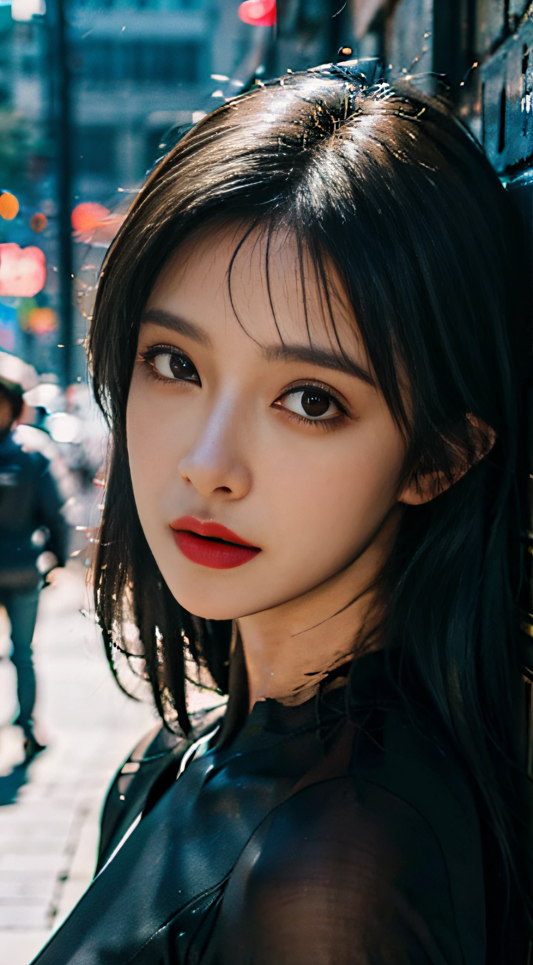 (8k, RAW photo, best quality, mastery:1.2), (realistic, photo-realistic:1.37),(Kpop idol), (aegyo sal:1),cute,professional lighting, photon mapping, radiosity, physically-based rendering , cosplay, lucy \(cyberpunk\), bob cut, mechanical parts, grey eyes, black tight suit, cyberpunk city, black pants, night, neon lights, sexy, smoke, looking at viewer,, 8k 高分辨率, 8k, CG壁纸, 现实, 清晰的背景, 中等乳房, 全身