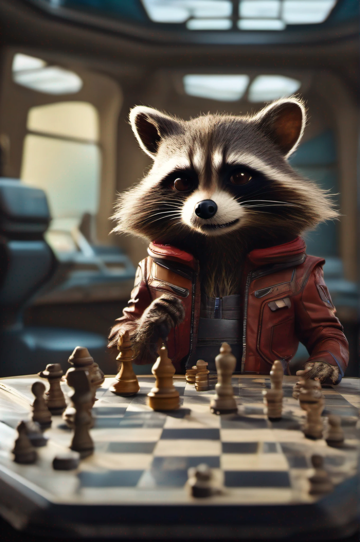 creative masterpielce, highly realustic photo, cinematic portrait of ("Rrocket Raccoon") playing chess,  equal sized detailed chess figures) in a futuristic cockpit of a spaceship, spheric panorama cockpit window, starfield, space-nebula, realistic detailed reflections, heart-warming scene, thoughtfully, (Rocket Raccon with very fluffy fur), cozy indoor lighting, artstation, detailed, digital painting, cinematic, character design by mark ryden and pixar and hayao miyazaki, very realistic lighting, fluffy fur, detailed realistic scenery, octane render, gotg, (("guardians of the galaxy", rocket racoon")), highest quality, intrique details, 4k. HDR, thrilling, dramatic, cinematic poster.