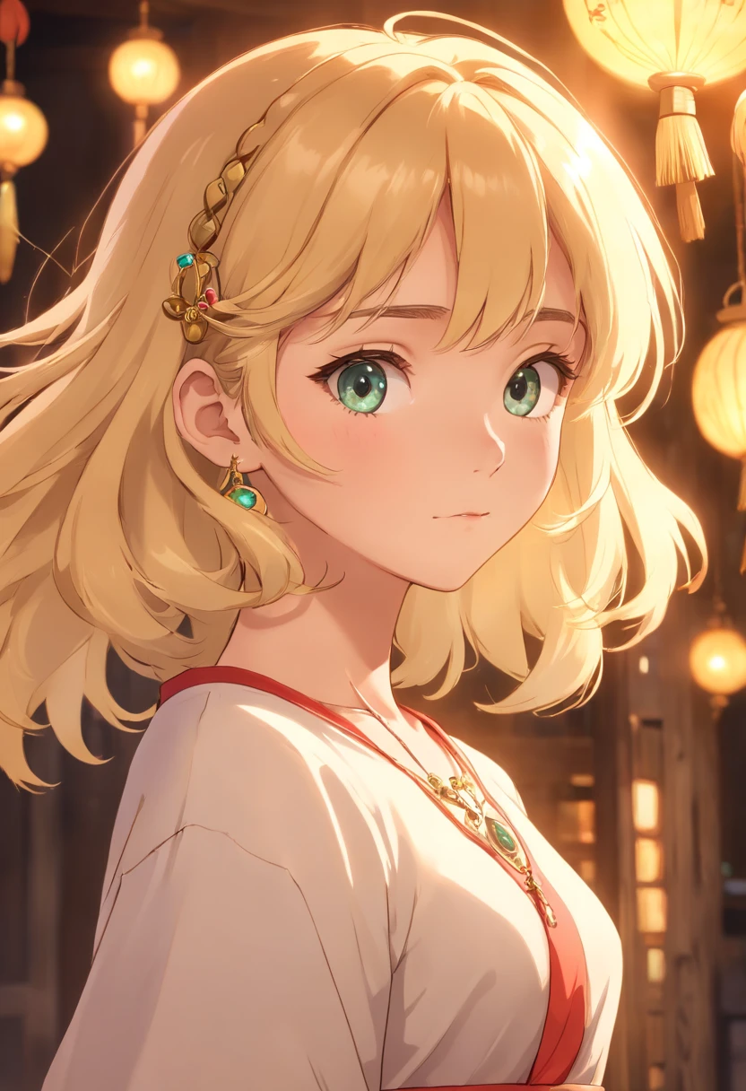 una chica anime rubia, con el pelo tomado y ojos marrones, con cara molesta, feliz, triste y seria , bajita, delgada y con vestido