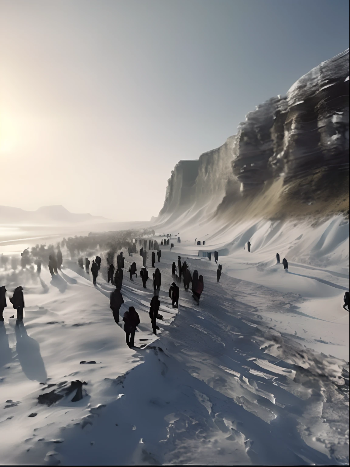 Alafis walks on the snowy slopes，The background is a mountain, sci-fi of iceland landscape, 4 k'', 4K, iceland, atarctive, by jessica rossier, 8K scene, inspired by jessica rossier, walking across ice planet, illusory engine. cinematic Film still from, jessica rossier fantasy art, 8k matte painting, 8 k matte painting