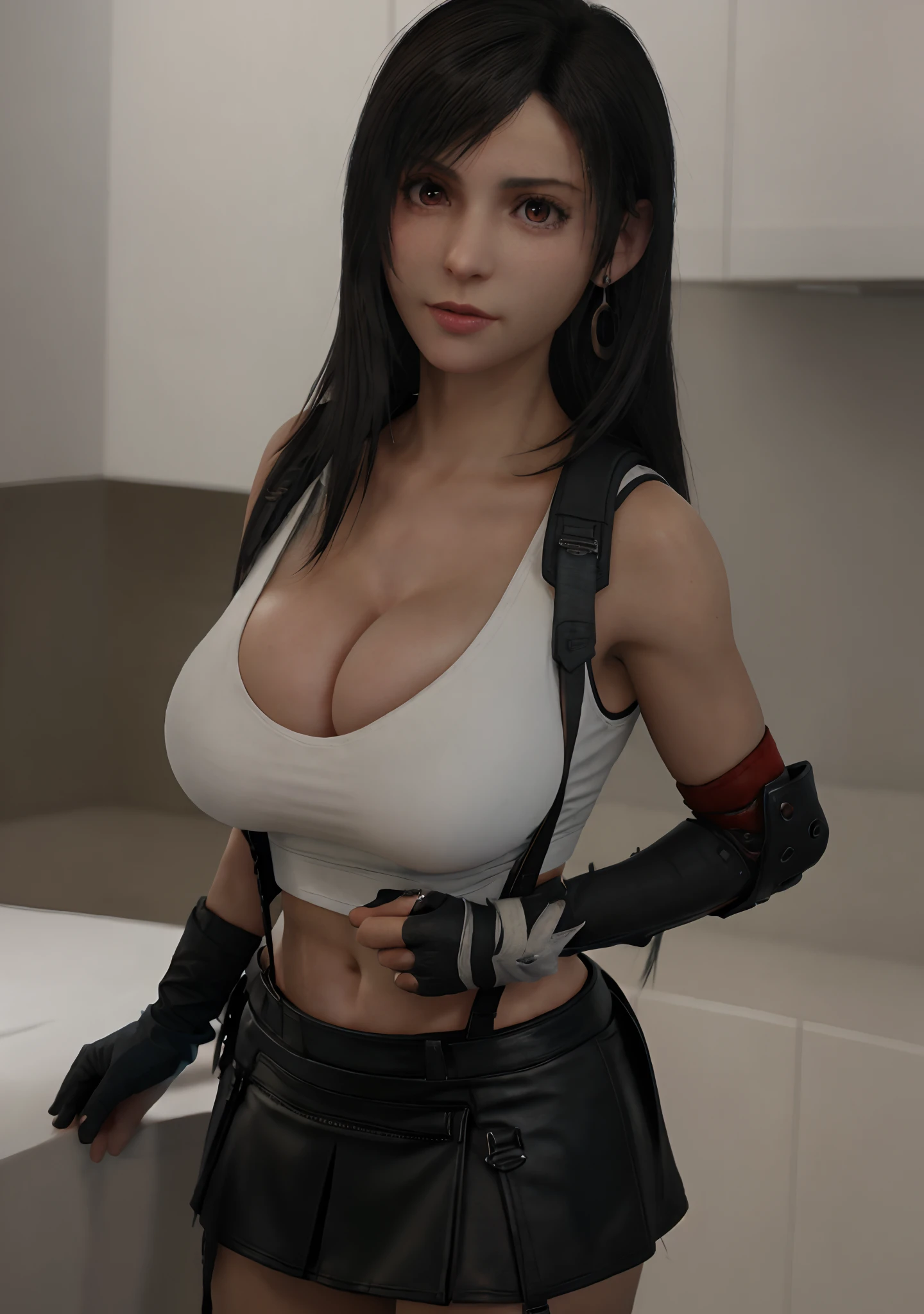 a selfie of tifa lockhart, taken with iphone camera, long black hair, hair bangs, red eyes, earrings, cleavage, large breasts, white tank top, black miniskirt, suspenders, gloves,