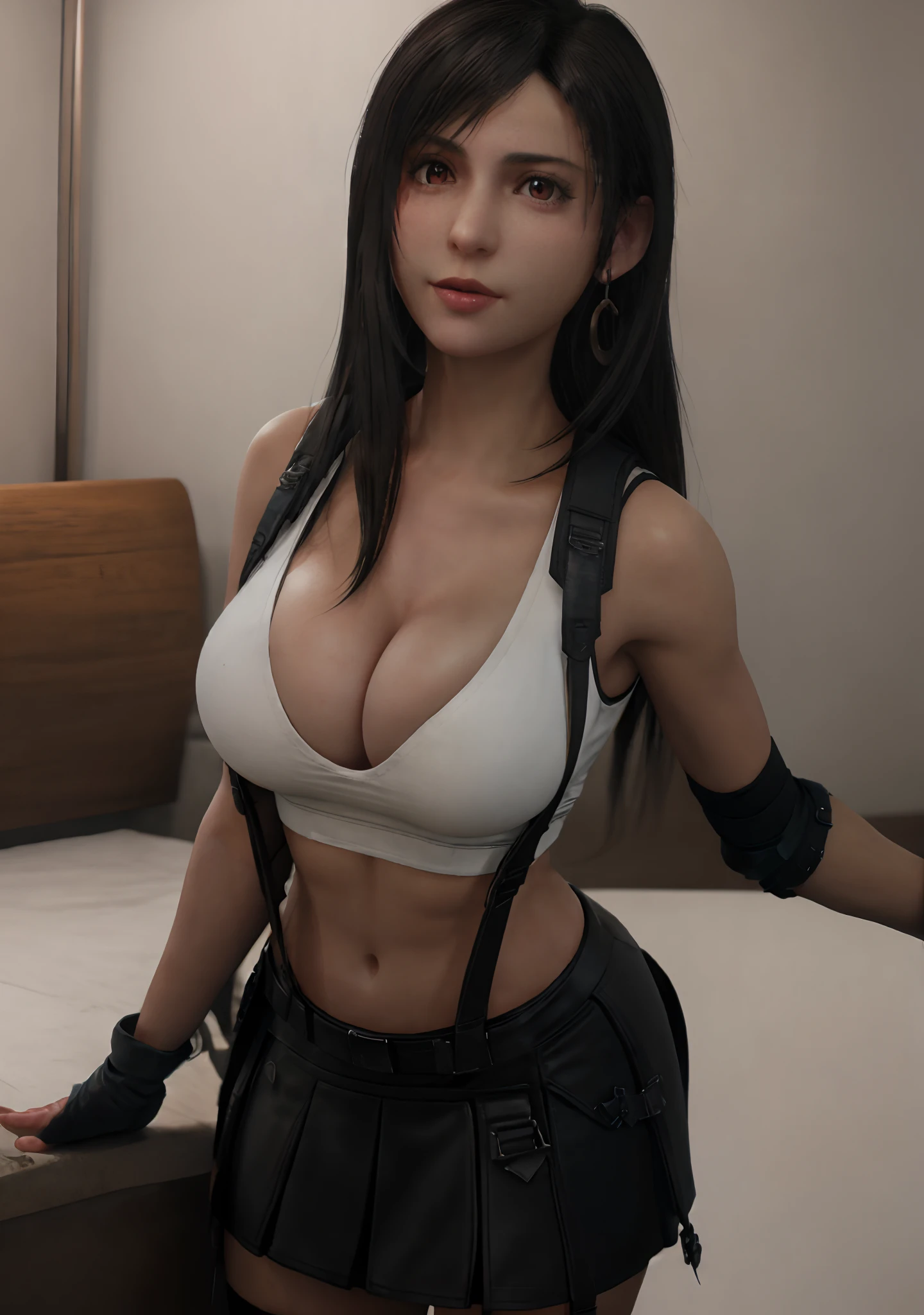 a selfie of tifa lockhart, taken with iphone camera, long black hair, hair bangs, red eyes, earrings, cleavage, large breasts, white tank top, black miniskirt, suspenders, gloves,