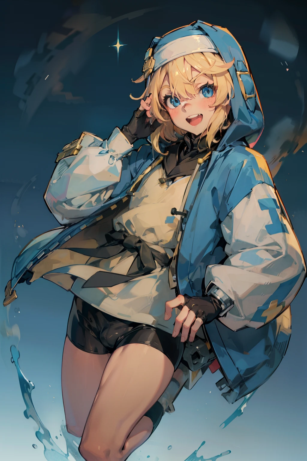 blonde hair
otoko no ko
male focus
1boy
hood
solo
gloves
looking at viewer
fingerless gloves
jacket
hooded jacket
hood up
long sleeves
habit
smile
hair between eyes
blush
black gloves
skirt
open mouth
bangs
blue jacket
bike shorts
simple background
blue eyes
bridget girl,bulge on bike shorts,