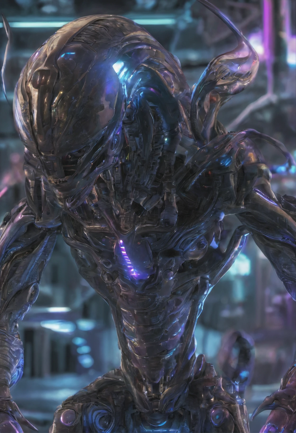 Translucent ethereal aliens,A mech coated with a ceramic glazed luster,Hard surface properties,streamlined line design,It has refined features in a sci-fi environment, glowing from within, Sparks and lights, Close-up, Realistic, Highly detailed, iintricate