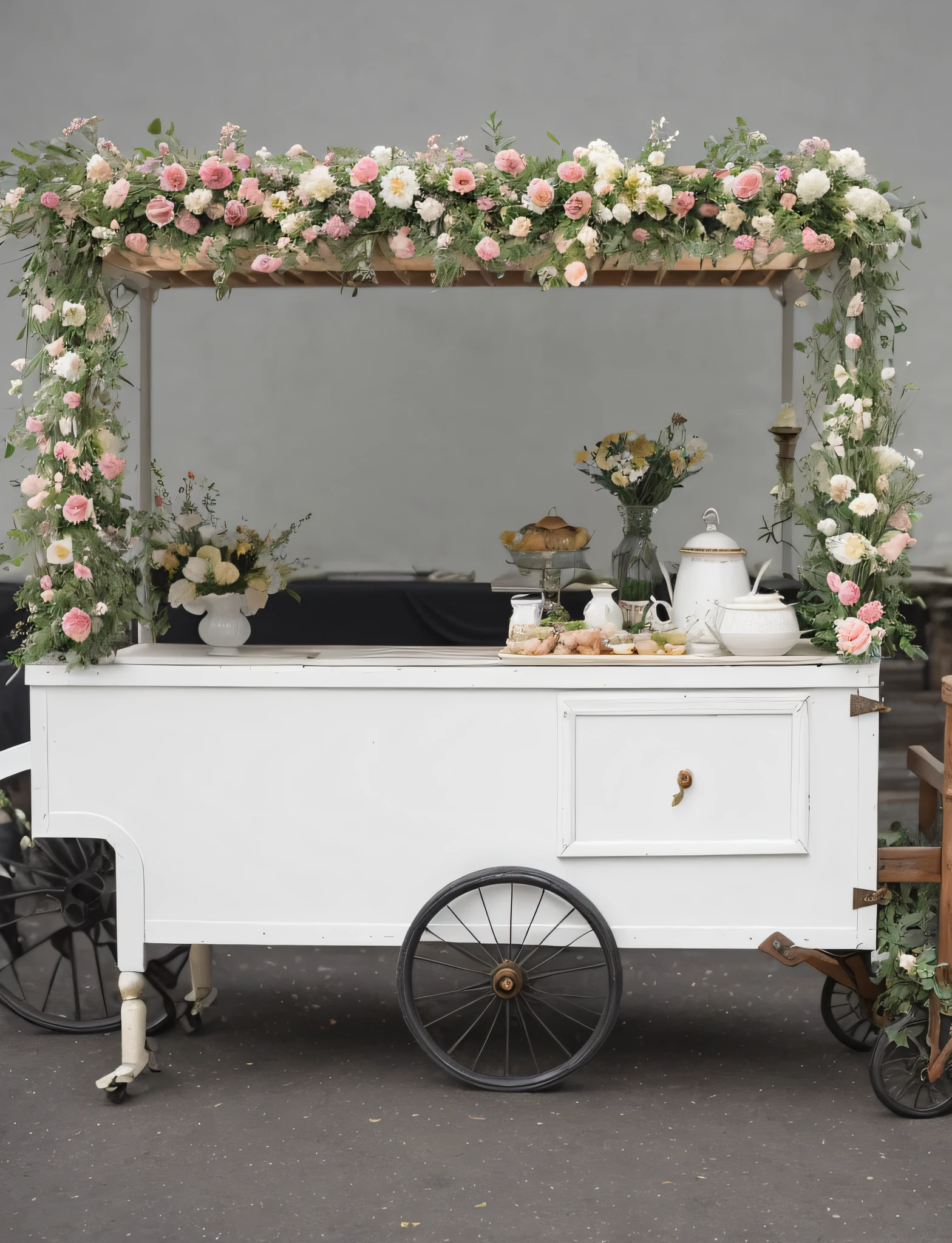 There is a white cart with flowers and a wooden cart with flower arrangements, romantic motifs, floral decorations, Middle Eastern style supplier, Cart, Flower frame, buggy, The supplier inside is fantastic, Midsummer style, Decorated with flowers, Rustic, digital painted, Fully decorated, vintage theme, entertaining, food stall, midsommar color theme, digitally drawn, vintage inspired