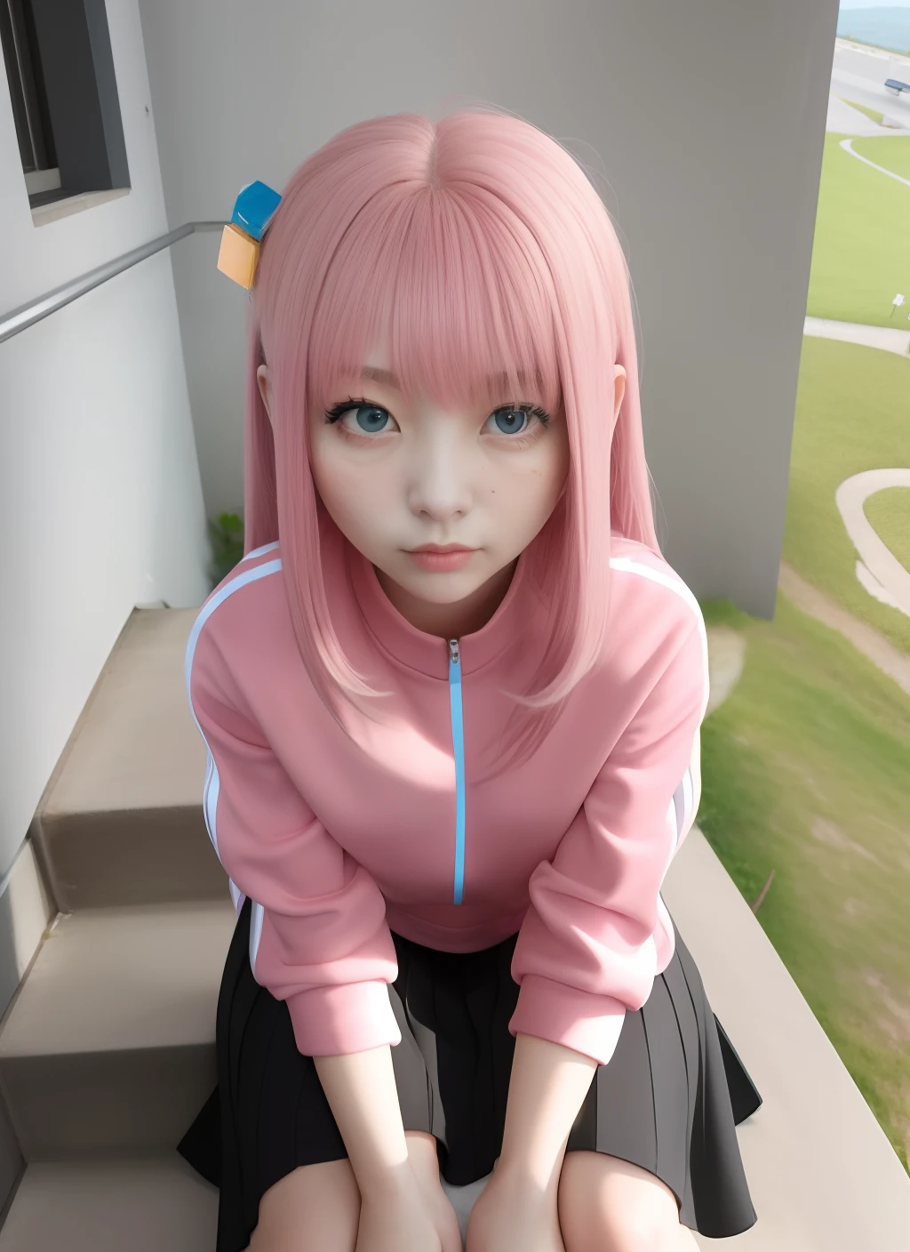 A MILF、30-years old、Lateral face,1girl in,gotou hitori,((cube hair ornament)),Solo,Pink hair,Blue eyes,plein air,On the stairs,Guitar,masutepiece, medium breasts,(pink track jacket:1.1025), Black skirt,Photorealsitic, hight resolution, Korea person, Heterochromia eyes, small moles under eyes,sit on stairs