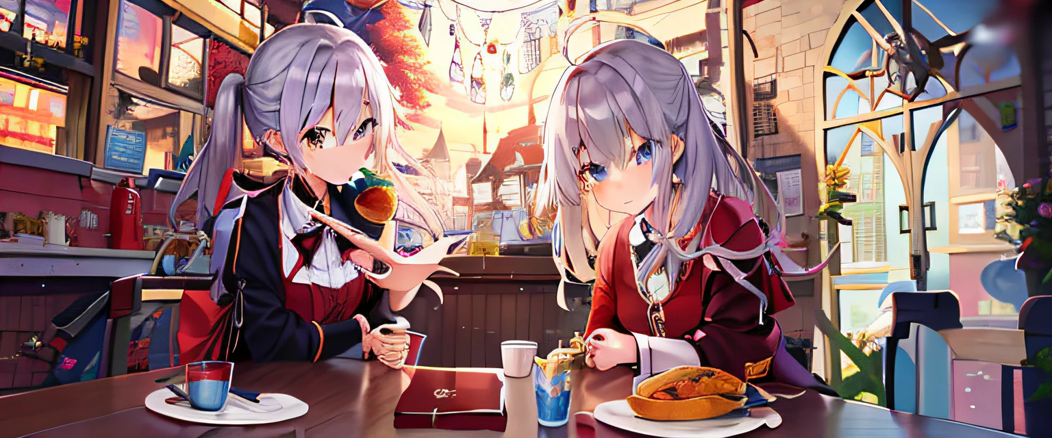 Anime - Style image of two girls sitting at a table holding a plate of food, zerochan art, Splash art anime Loli, kirisame marisa, trending on artstation pixiv, alchemist girl, Guweiz in Pixiv ArtStation, Best anime 4k konachan wallpaper, fate grand order, Anime art wallpaper 8 K