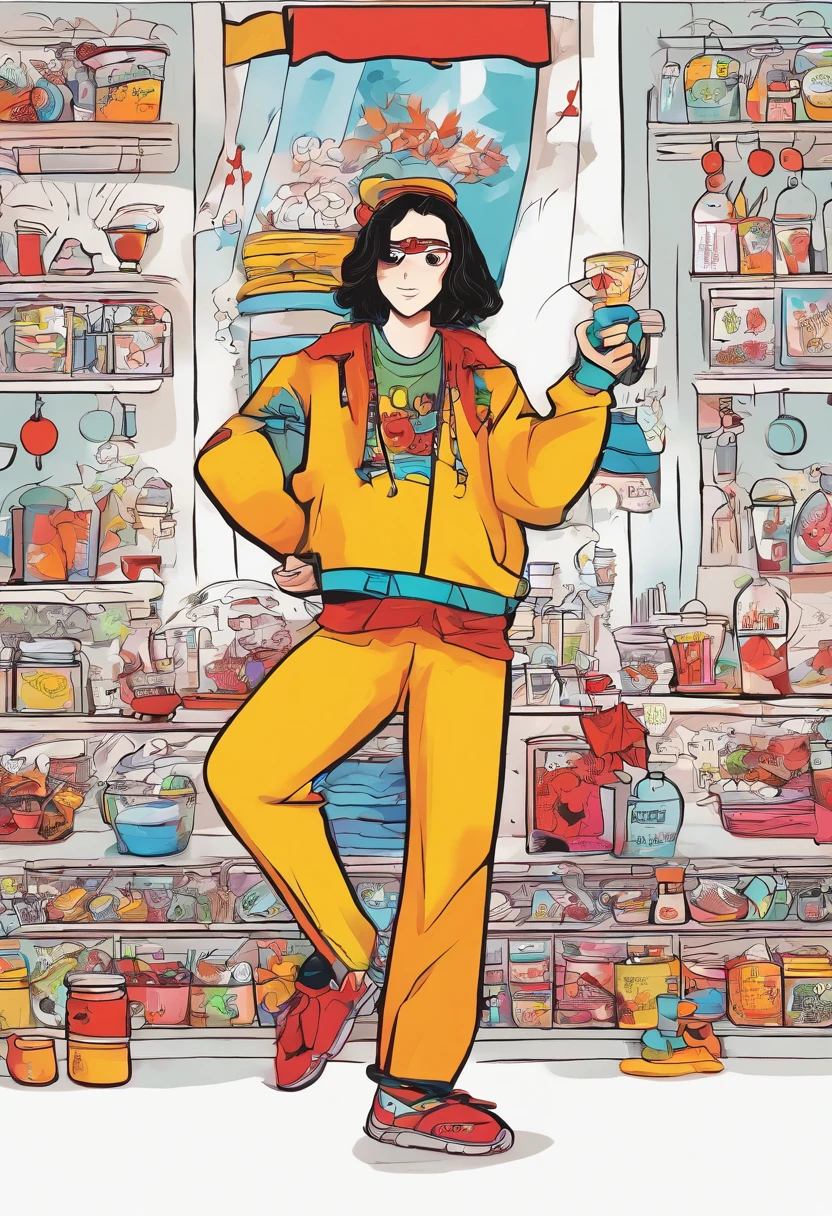 cartoon character，very simple，Cartoony，Q version，Black color hair，Chinese outfit，With goji berry accessories，Chinese children's illustration，Chinese herbal medicine，Yam，wolfberry，Plain white background，Children's drawing，graffiti in the style of Keith Haring, Sharpie illustration, bold lines and solid colors, Simple details, Minimalist